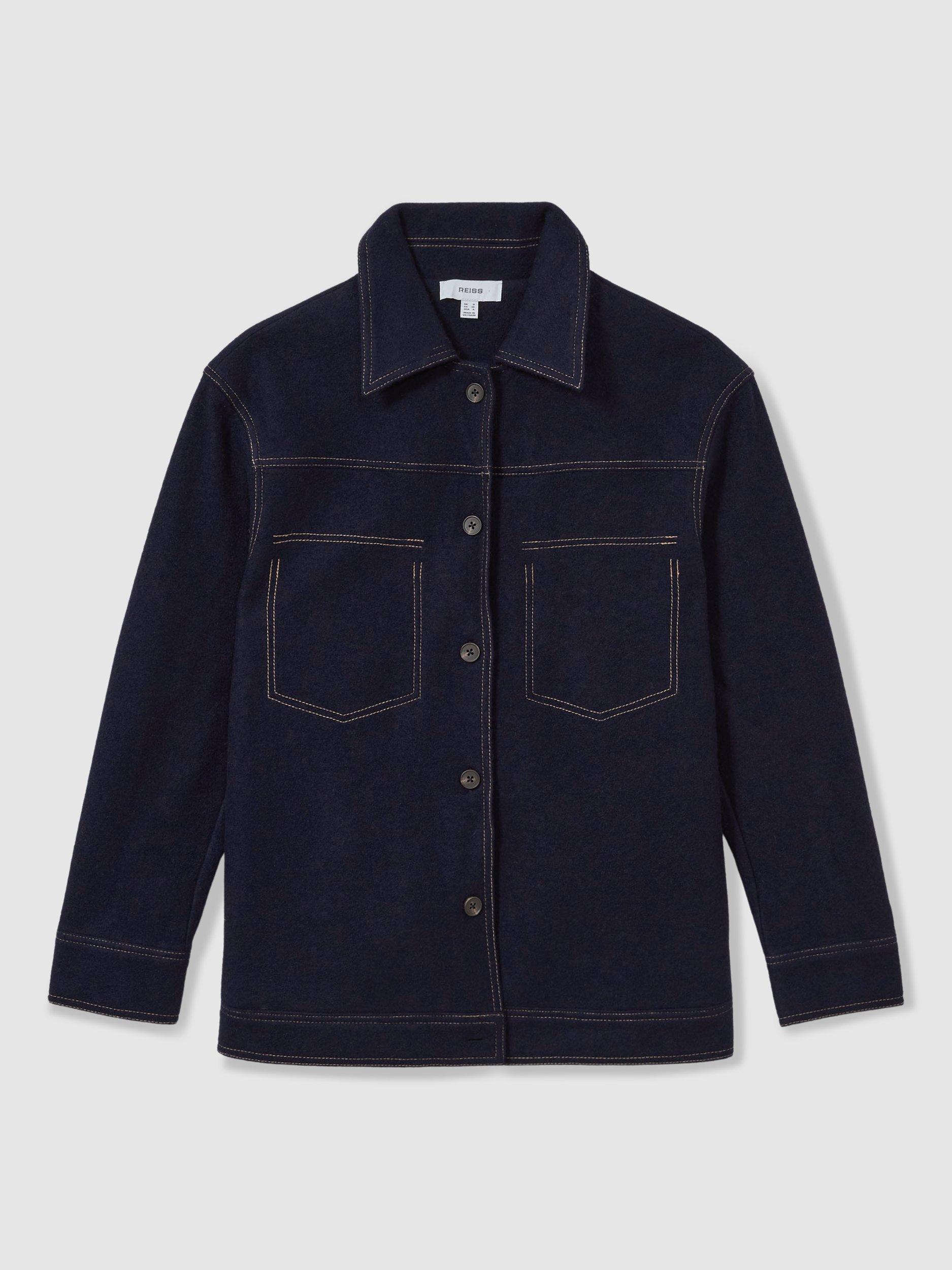 Product image 3 of 5, which shows Reiss Elise Wool Rich Denim Shirt, Navy, 6