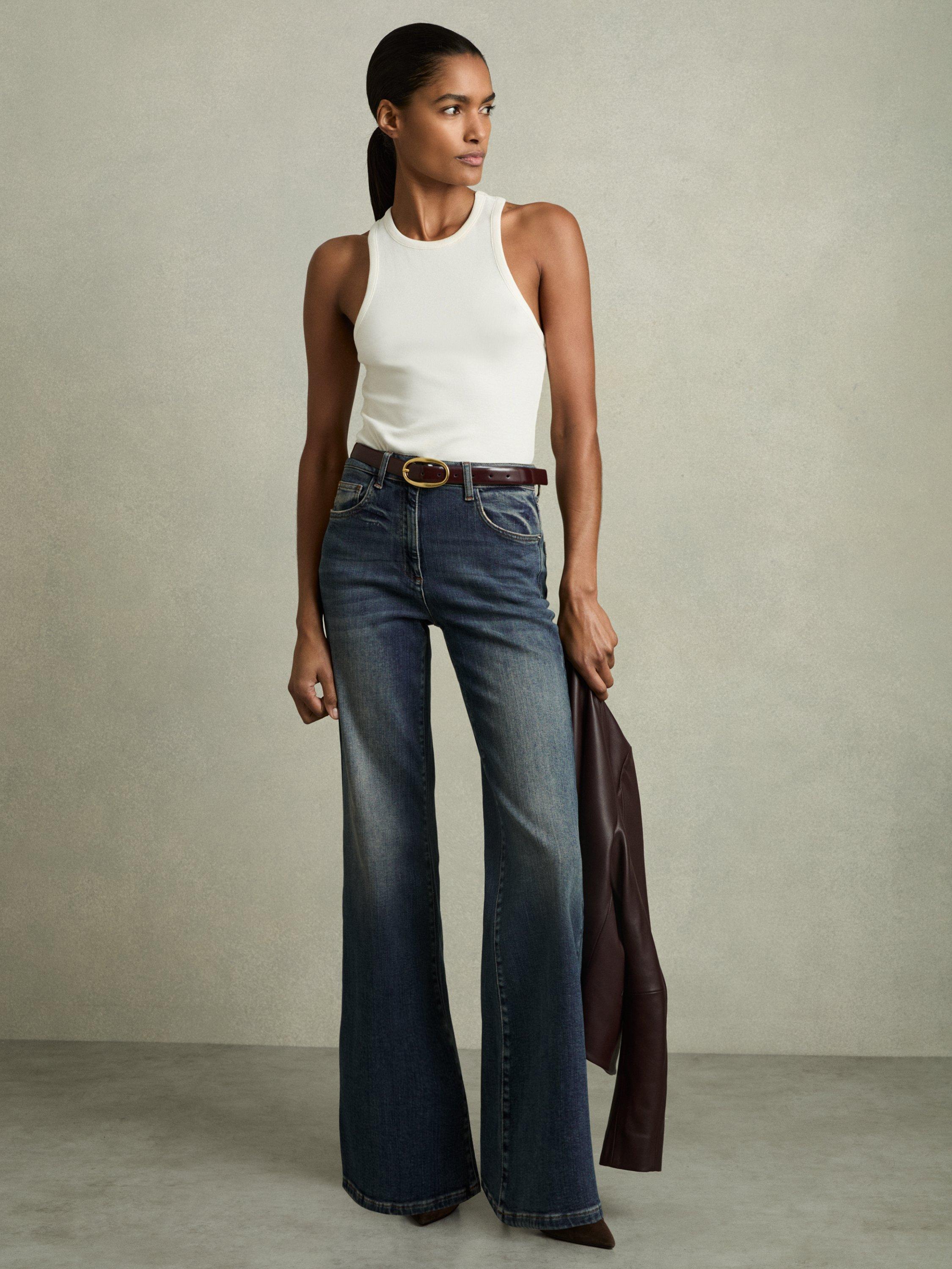 Product image 1 of 5, which shows Reiss Petite Bonnie Flared Jeans, Mid Blue, 25Pt