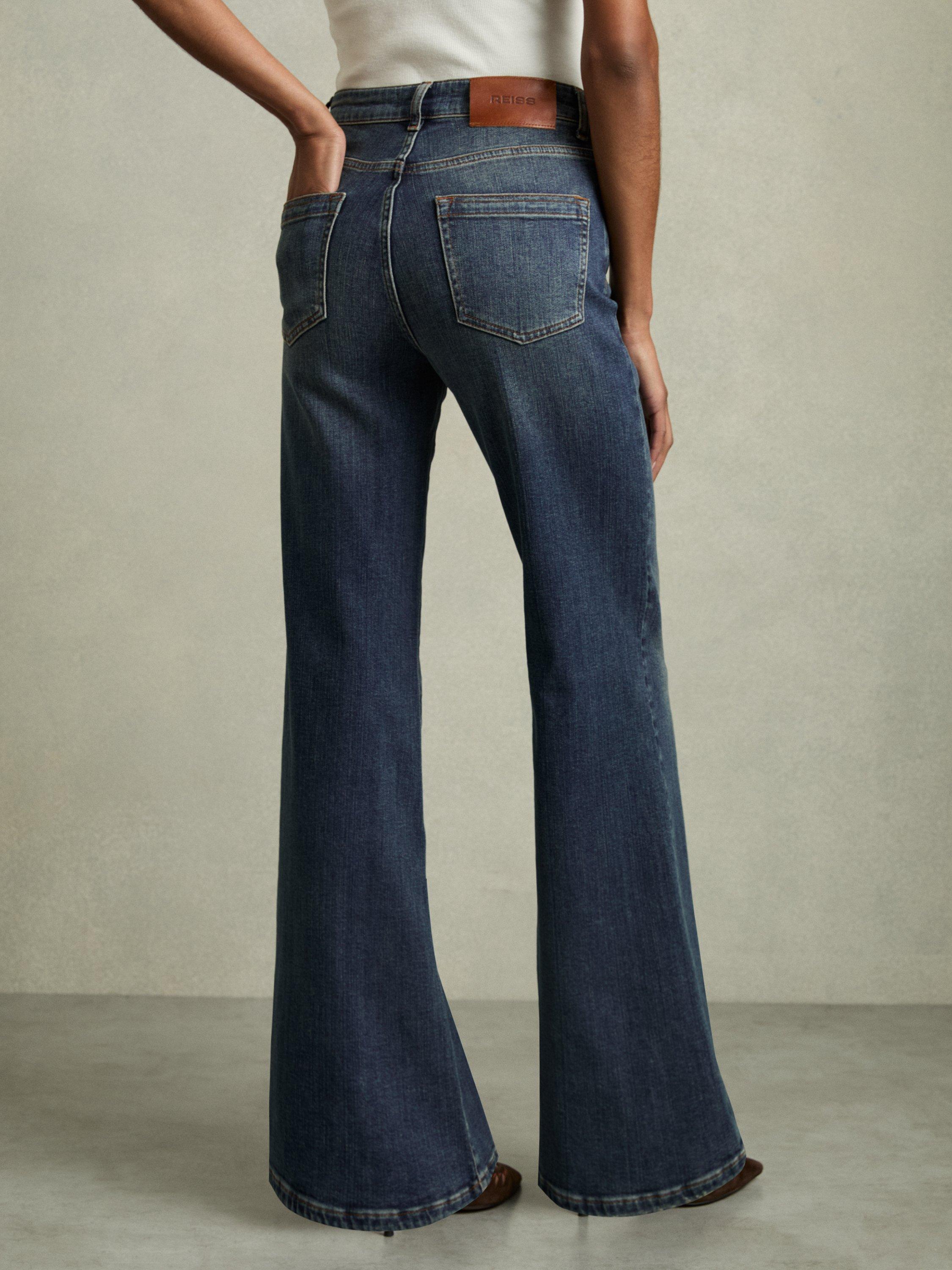 Product image 2 of 5, which shows Reiss Petite Bonnie Flared Jeans, Mid Blue, 25Pt