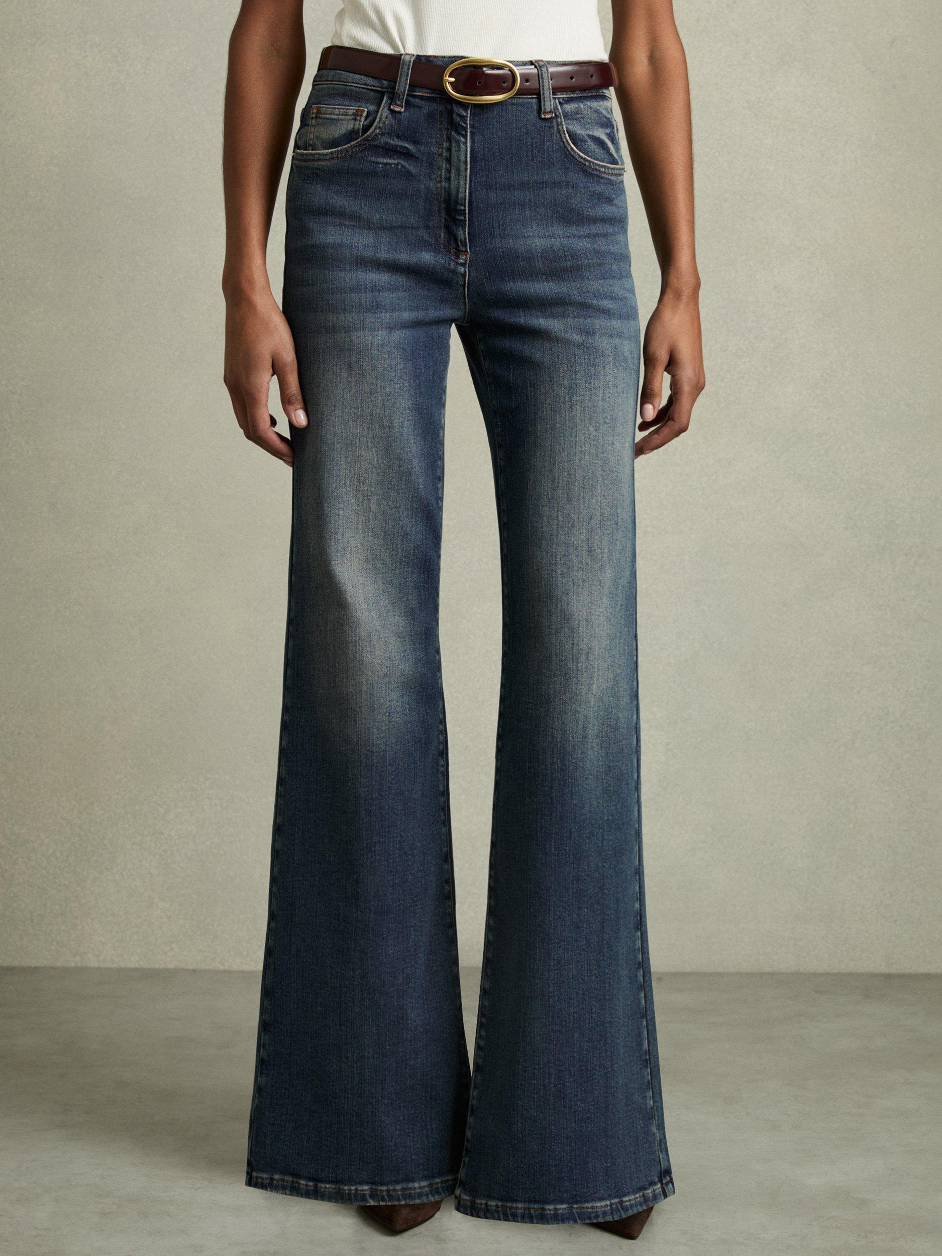 Product image 4 of 5, which shows Reiss Petite Bonnie Flared Jeans, Mid Blue, 25Pt