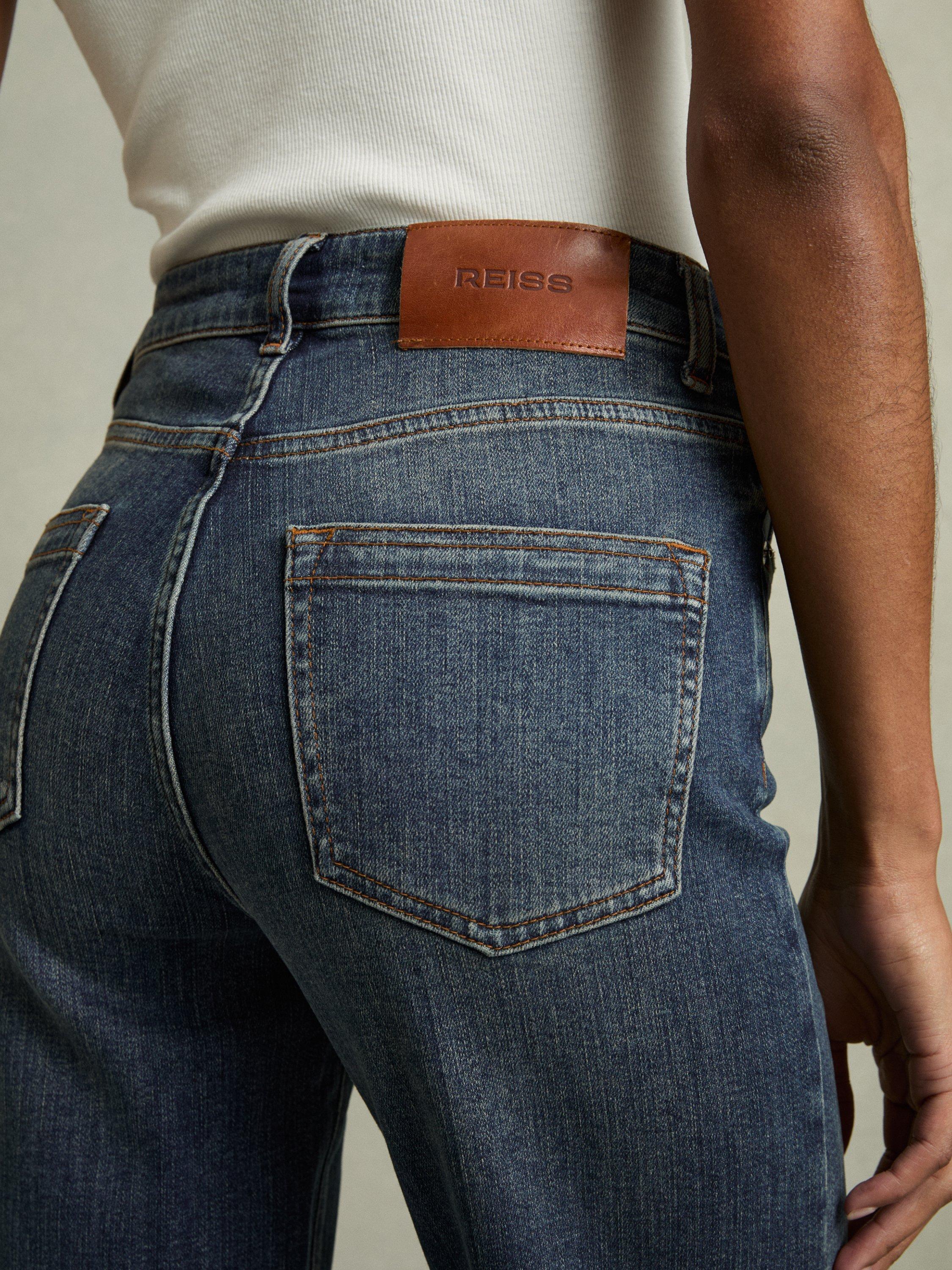Product image 5 of 5, which shows Reiss Petite Bonnie Flared Jeans, Mid Blue, 25Pt