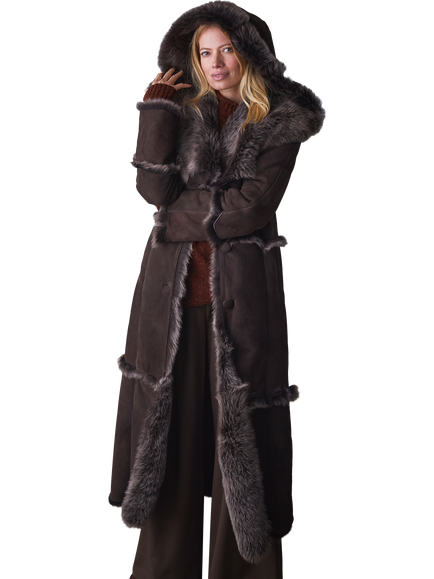 Celtic & Co. Hooded Toscana Sheepskin Coat, Dark Nutmeg