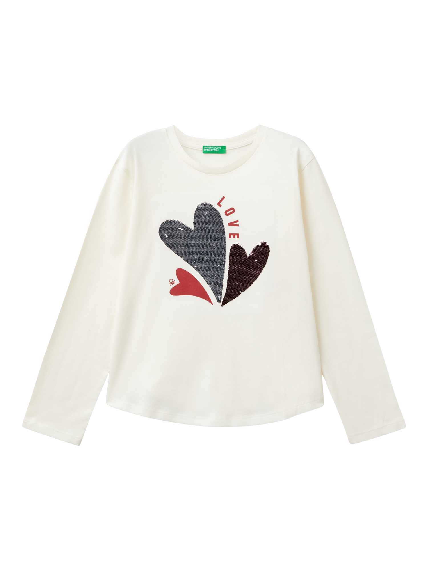Benetton Kids' Sequin Hearts Long Sleeve T-Shirt, Cream/Multi