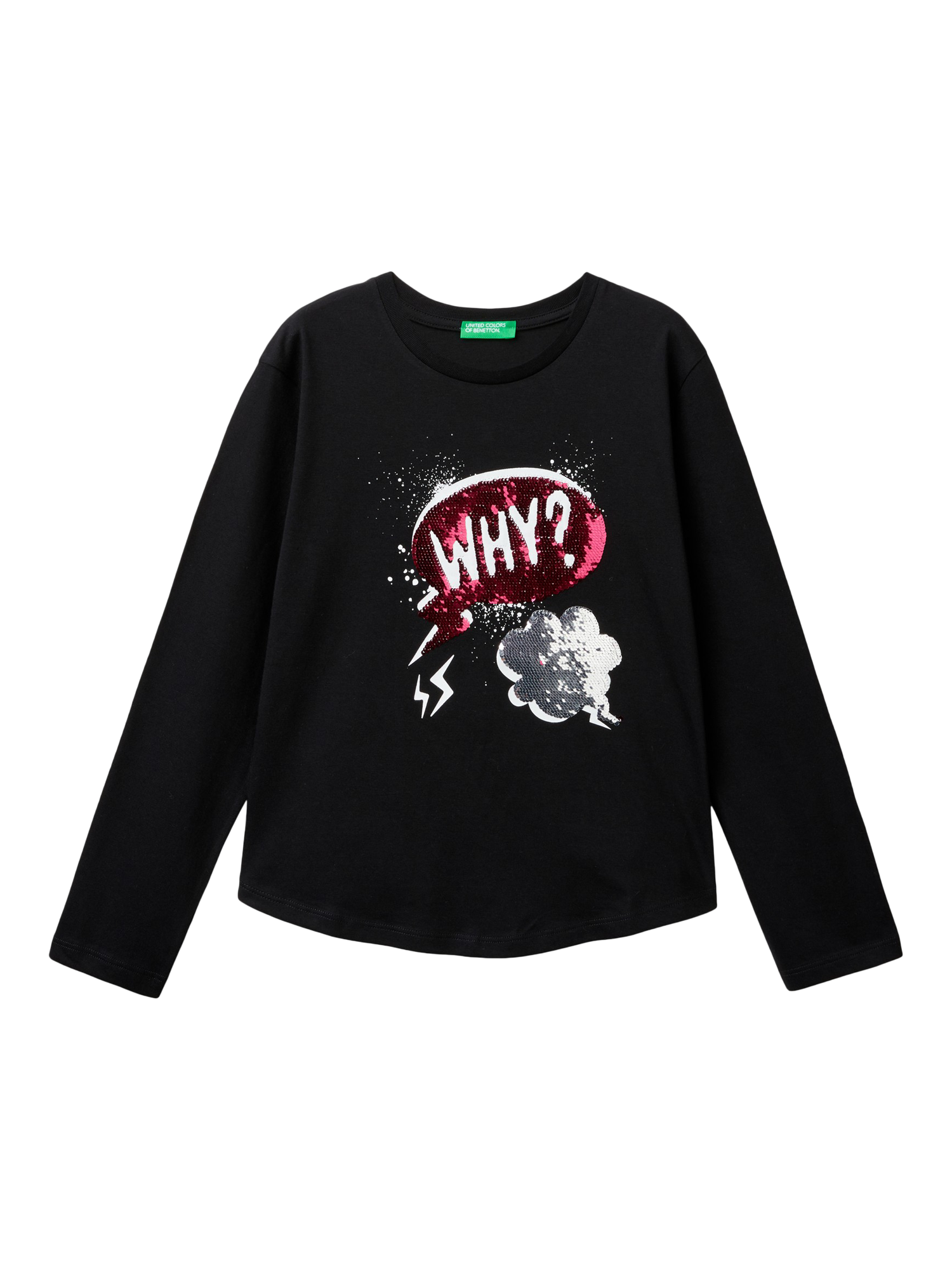 Benetton Kids' Sequin Graphic Long Sleeve T-Shirt, Black