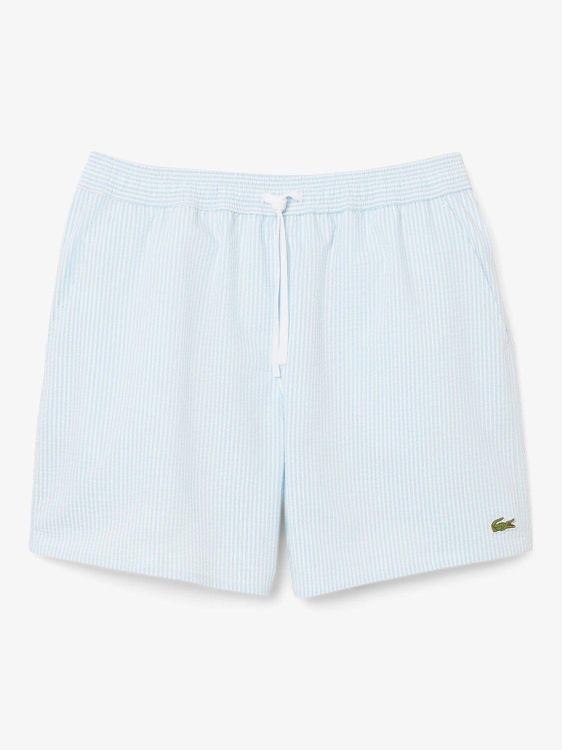 Product image 1 of 3, which shows Lacoste Seersucker Stripe Swim Trunks, Blue Sky, S