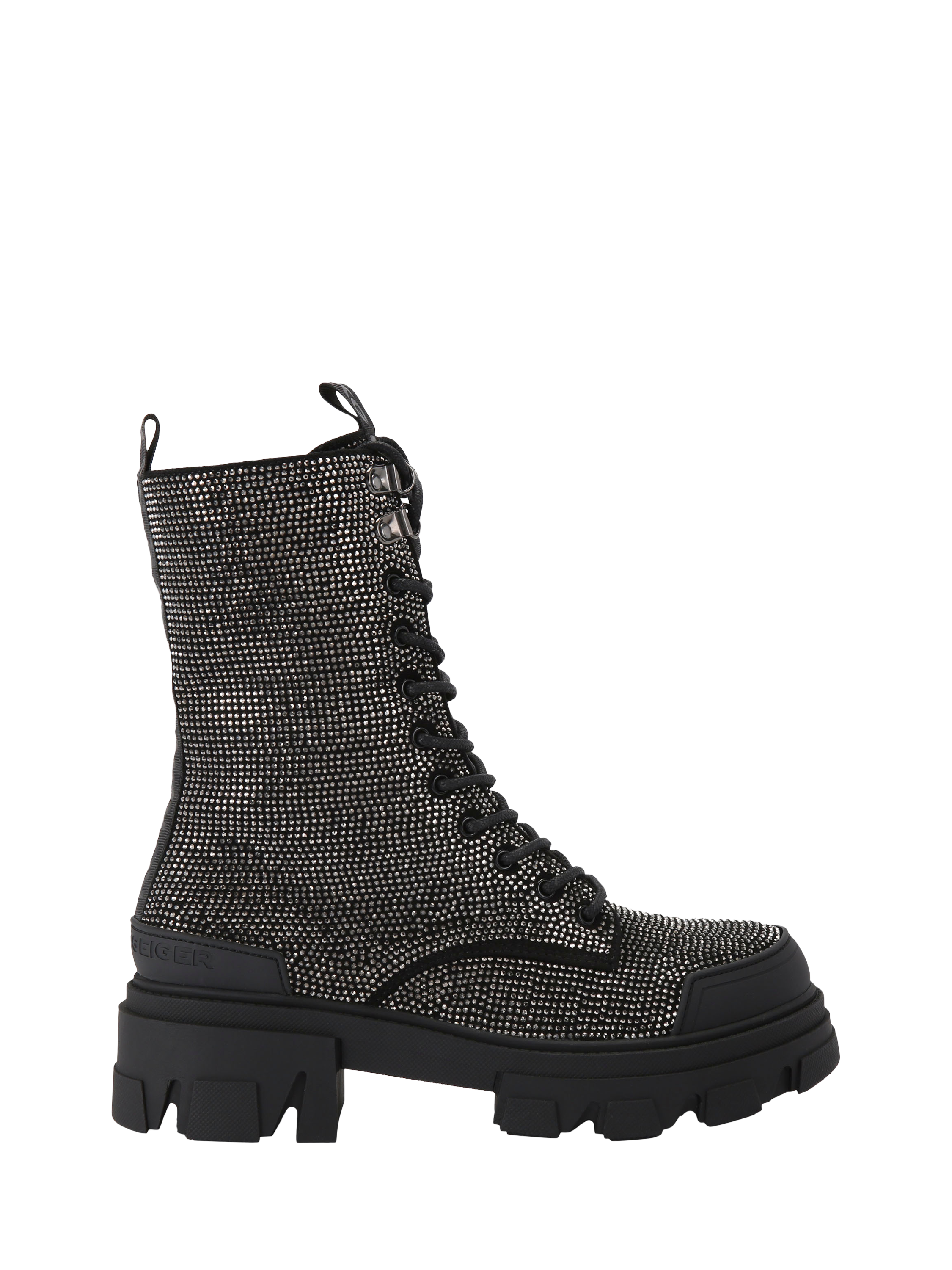 Product image 1 of 6, which shows KG Kurt Geiger Trekker Gem Embellished Chunky Biker Boots, Black Multi Black, 3