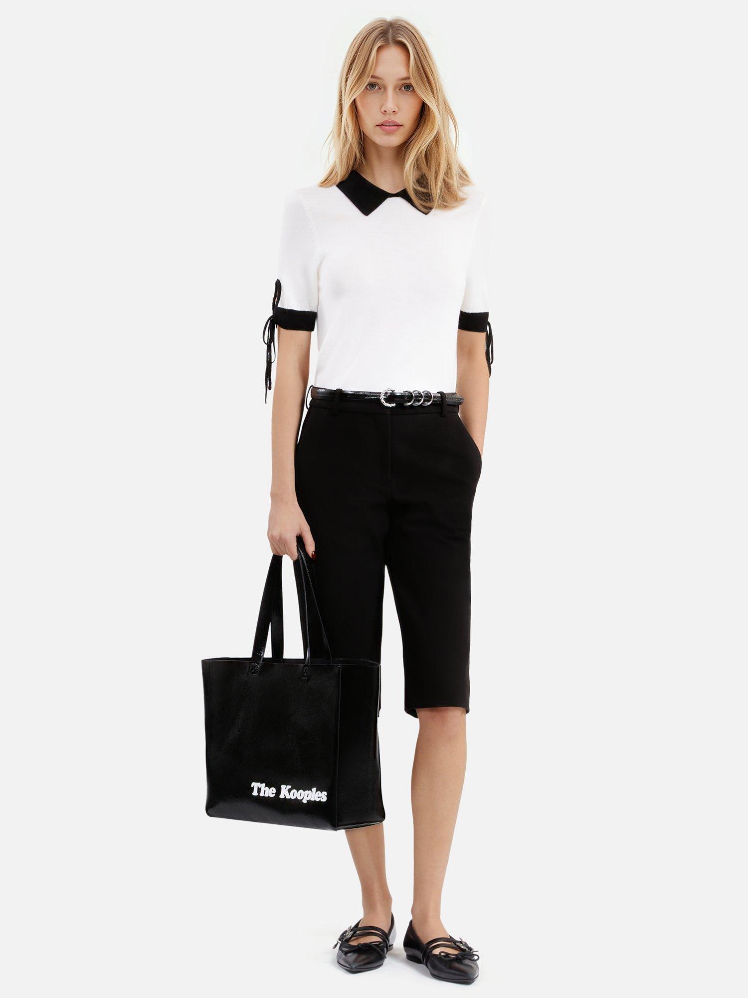 Product image 1 of 6, which shows THE KOOPLES Contrast Tie Sleeve Pure Wool Top, White/Black, 6