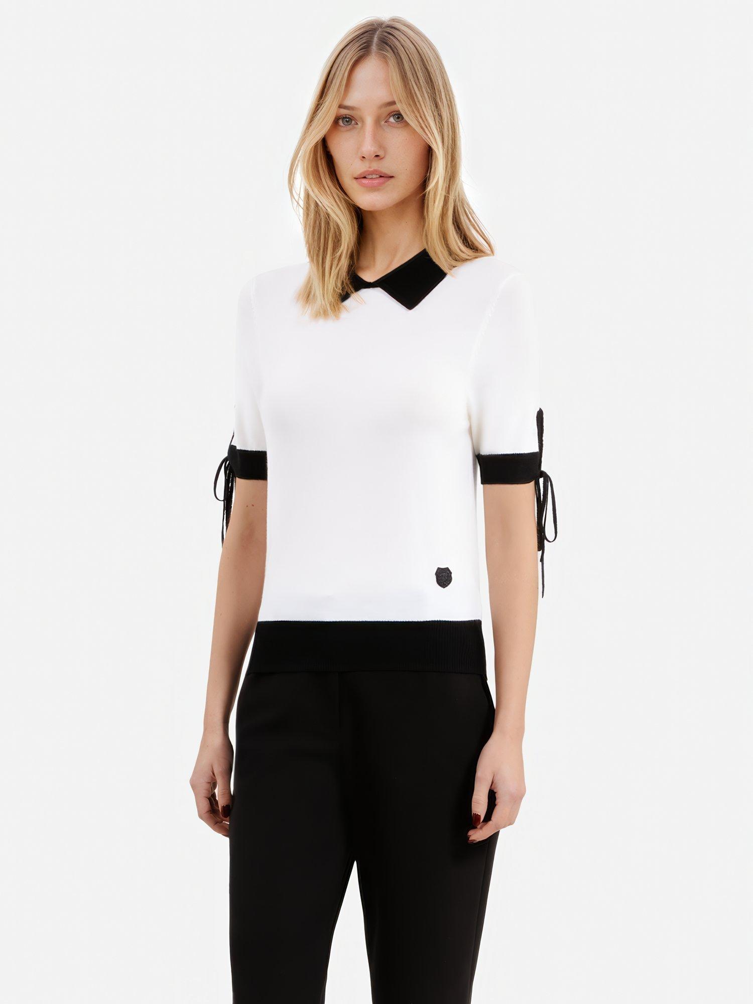 Product image 2 of 6, which shows THE KOOPLES Contrast Tie Sleeve Pure Wool Top, White/Black, 6