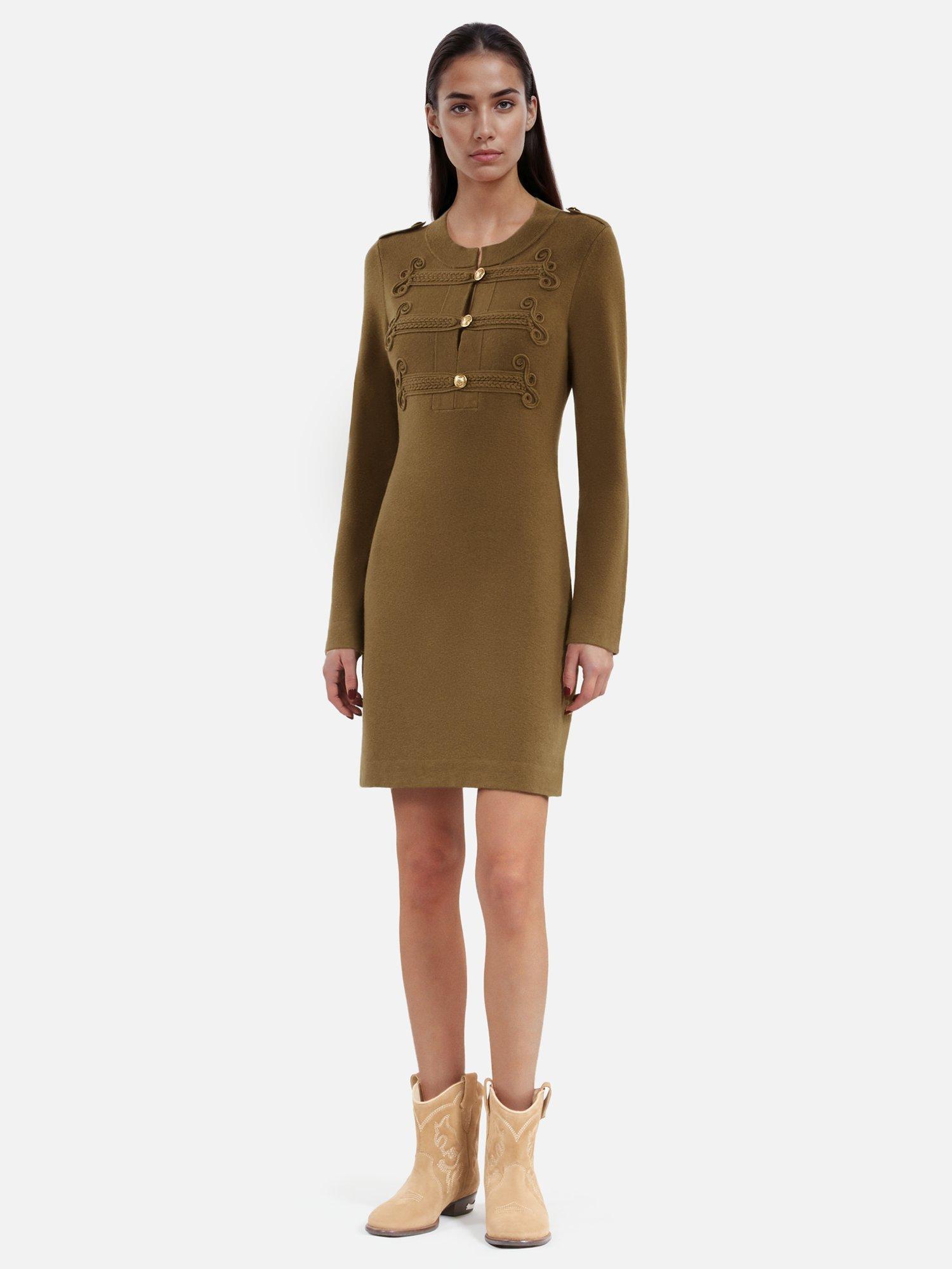 Product image 1 of 6, which shows THE KOOPLES Military Bodycon Wool Blend Dress, Khaki, 6
