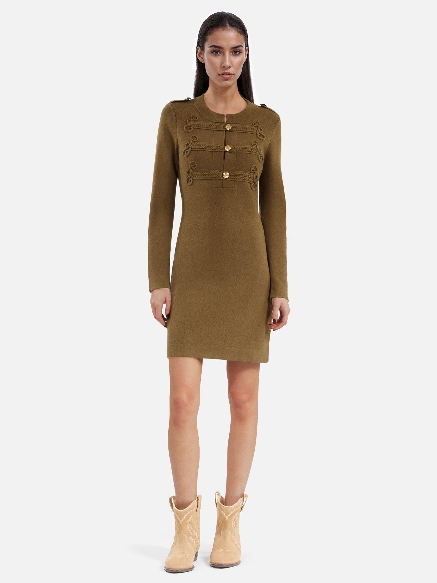 Product image 2 of 6, which shows THE KOOPLES Military Bodycon Wool Blend Dress, Khaki, 6