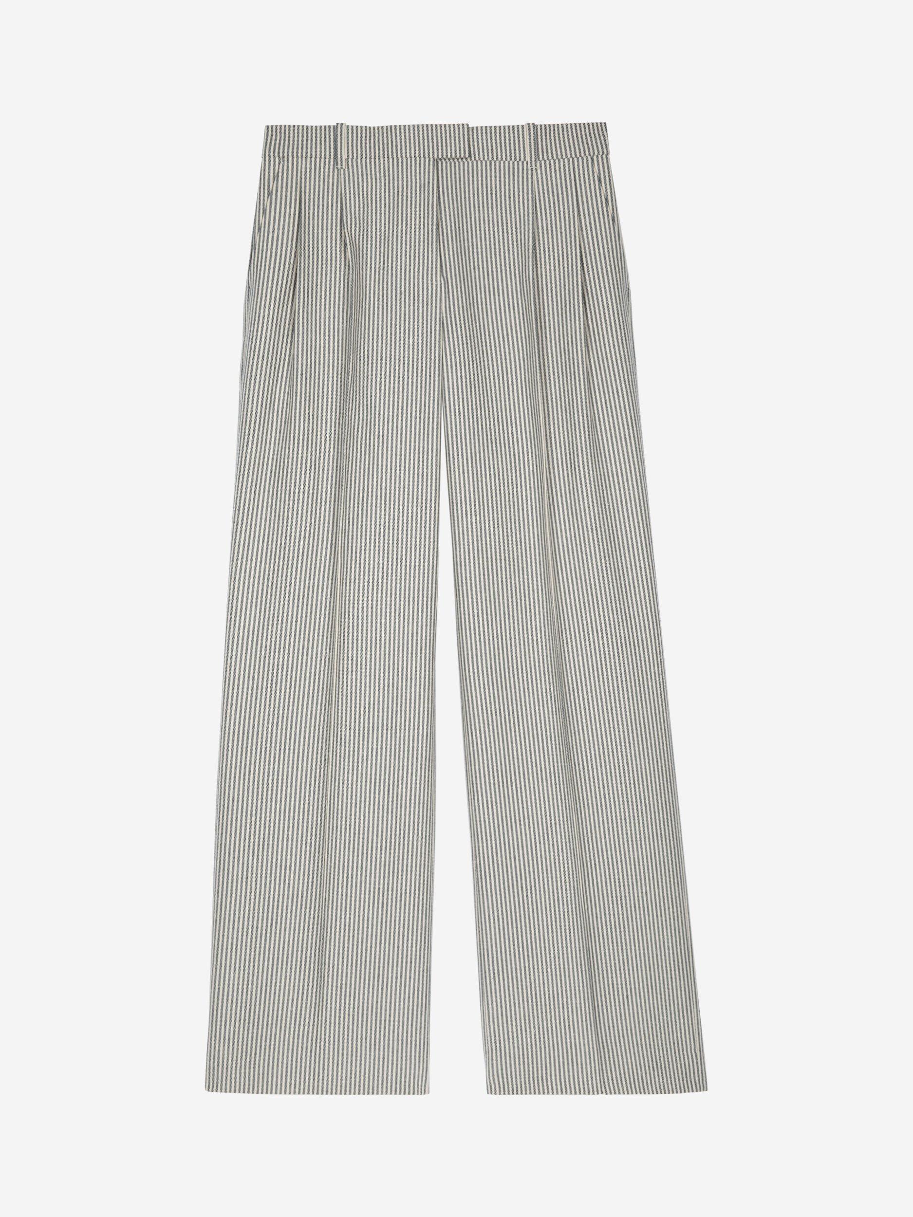 Product image 5 of 6, which shows THE KOOPLES Pantalon Cotton Linen Stripe Wide Leg Trousers, White/Blue, 34