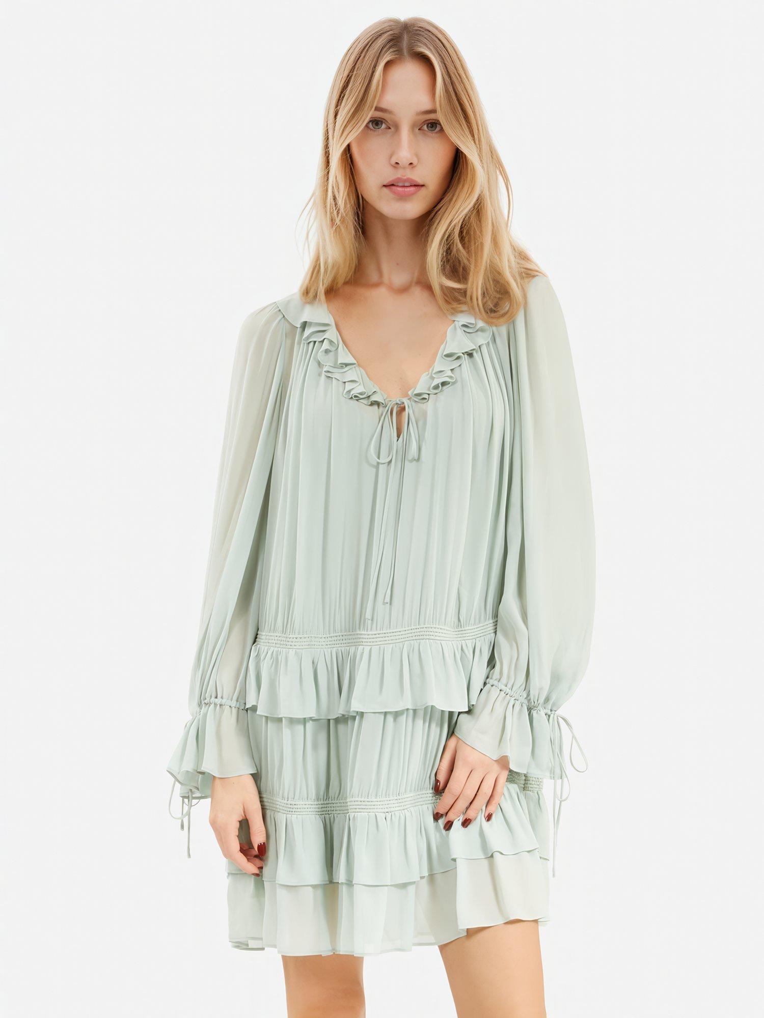 Product image 3 of 6, which shows THE KOOPLES Robe Layered Ruffle Mini Dress, Powder Blue, S-M