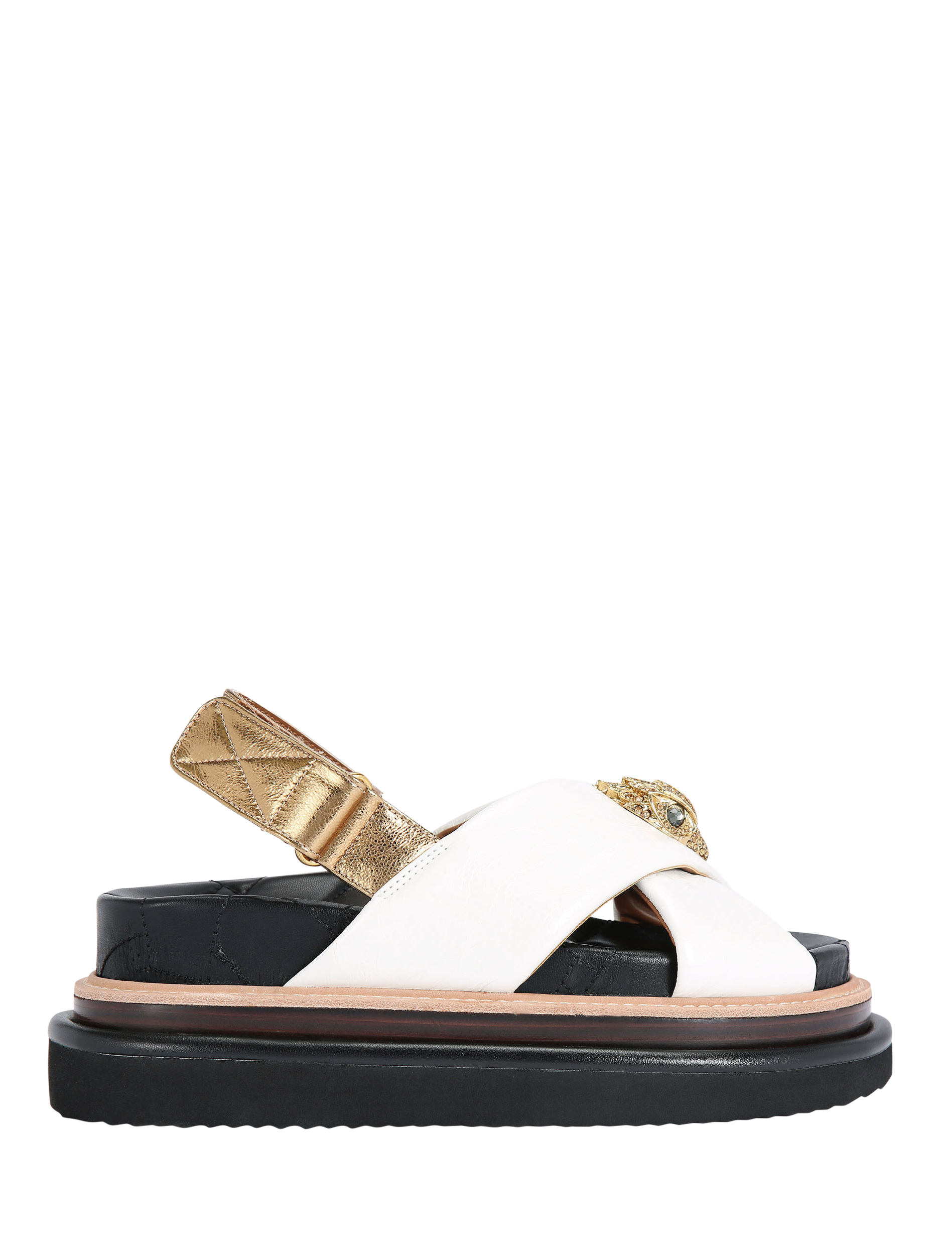 Product image 1 of 6, which shows Kurt Geiger London Orson Leather Cross Strap Flatform Sandals, Putty/Gold, 3