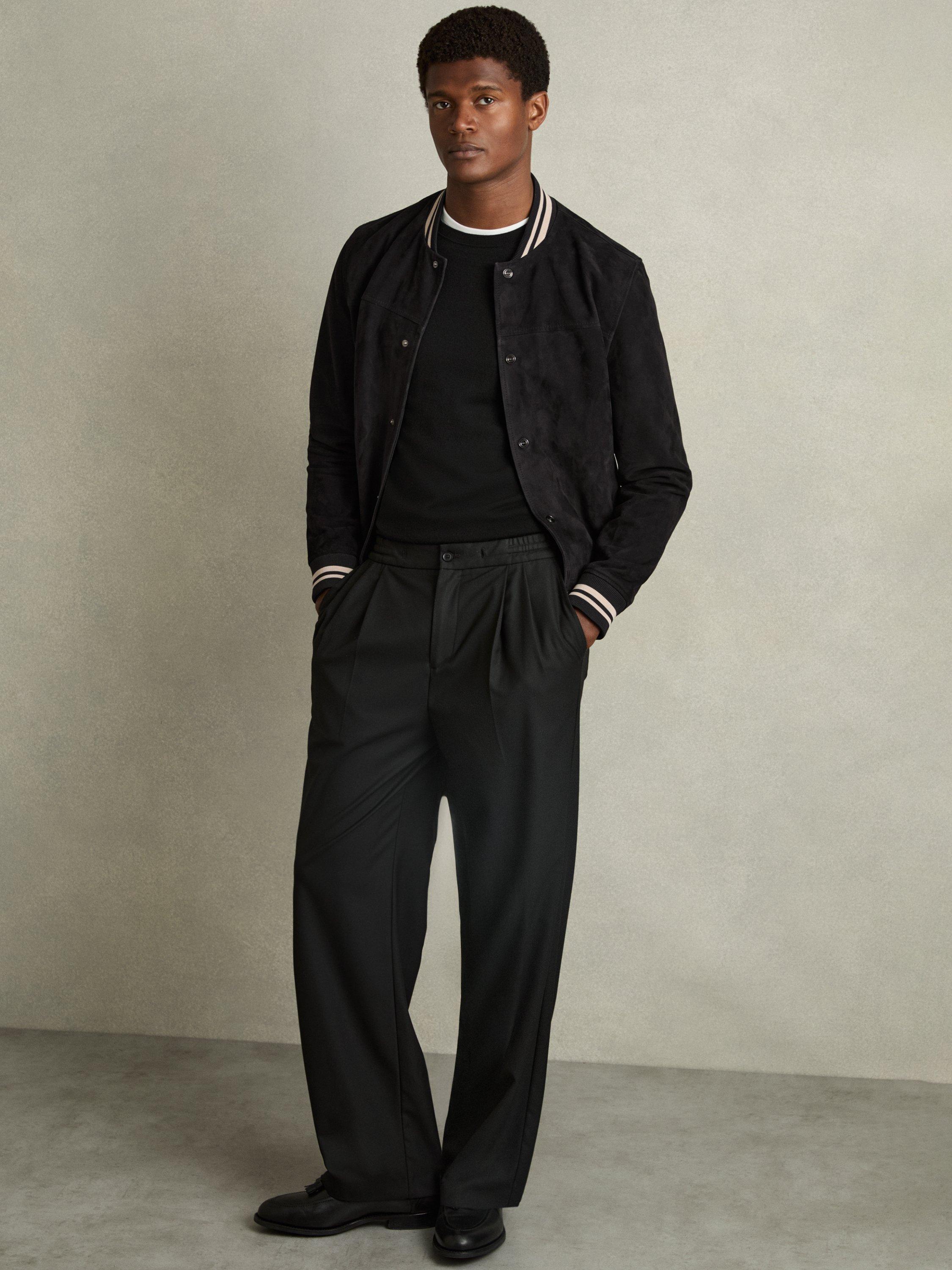 Reiss Banridge Suede Stripe-Trim Bomber Jacket, Navy