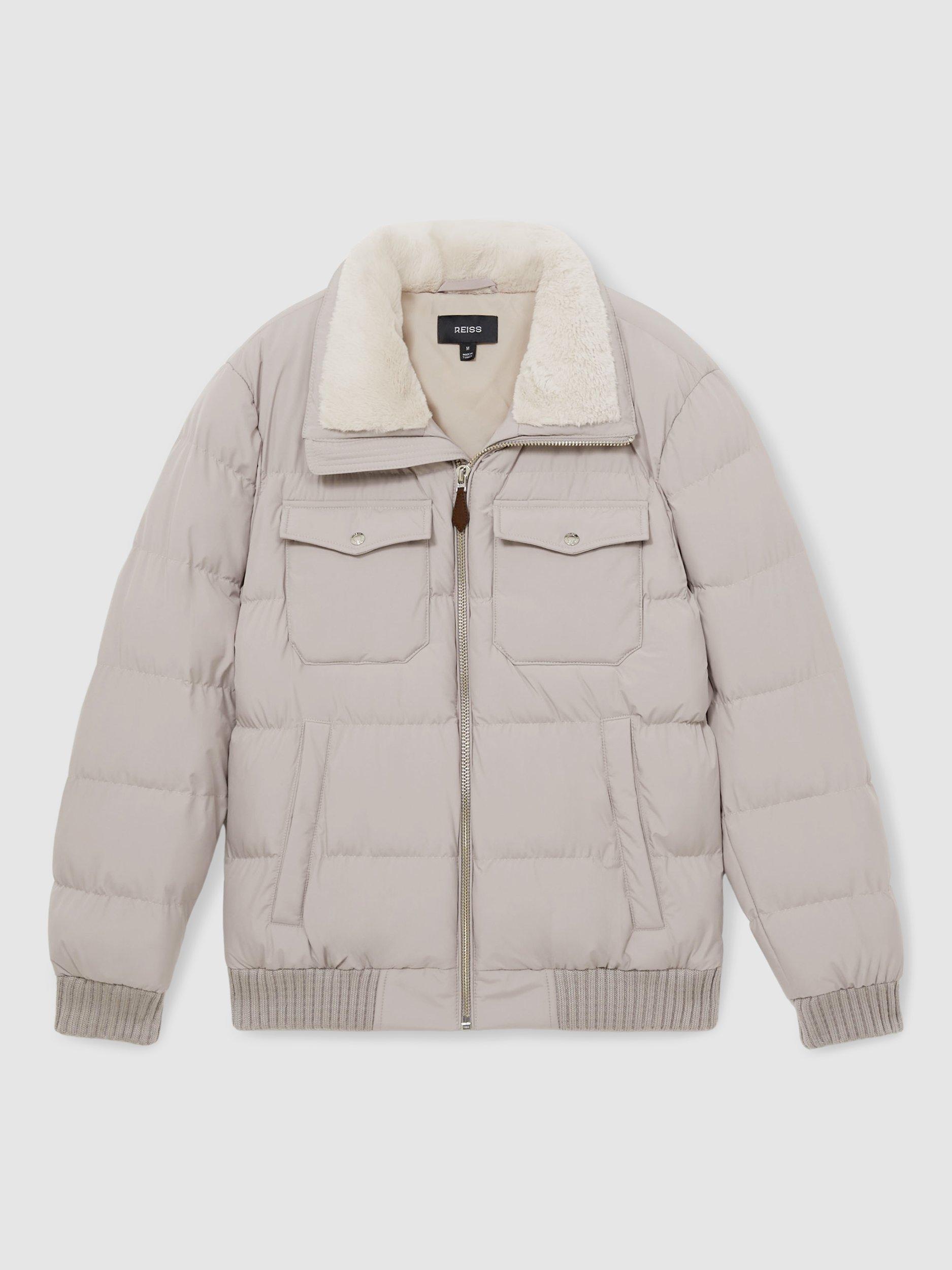 Product image 3 of 5, which shows Reiss Misty Faux-Fur Collar Puffer Jacket, Grey, S