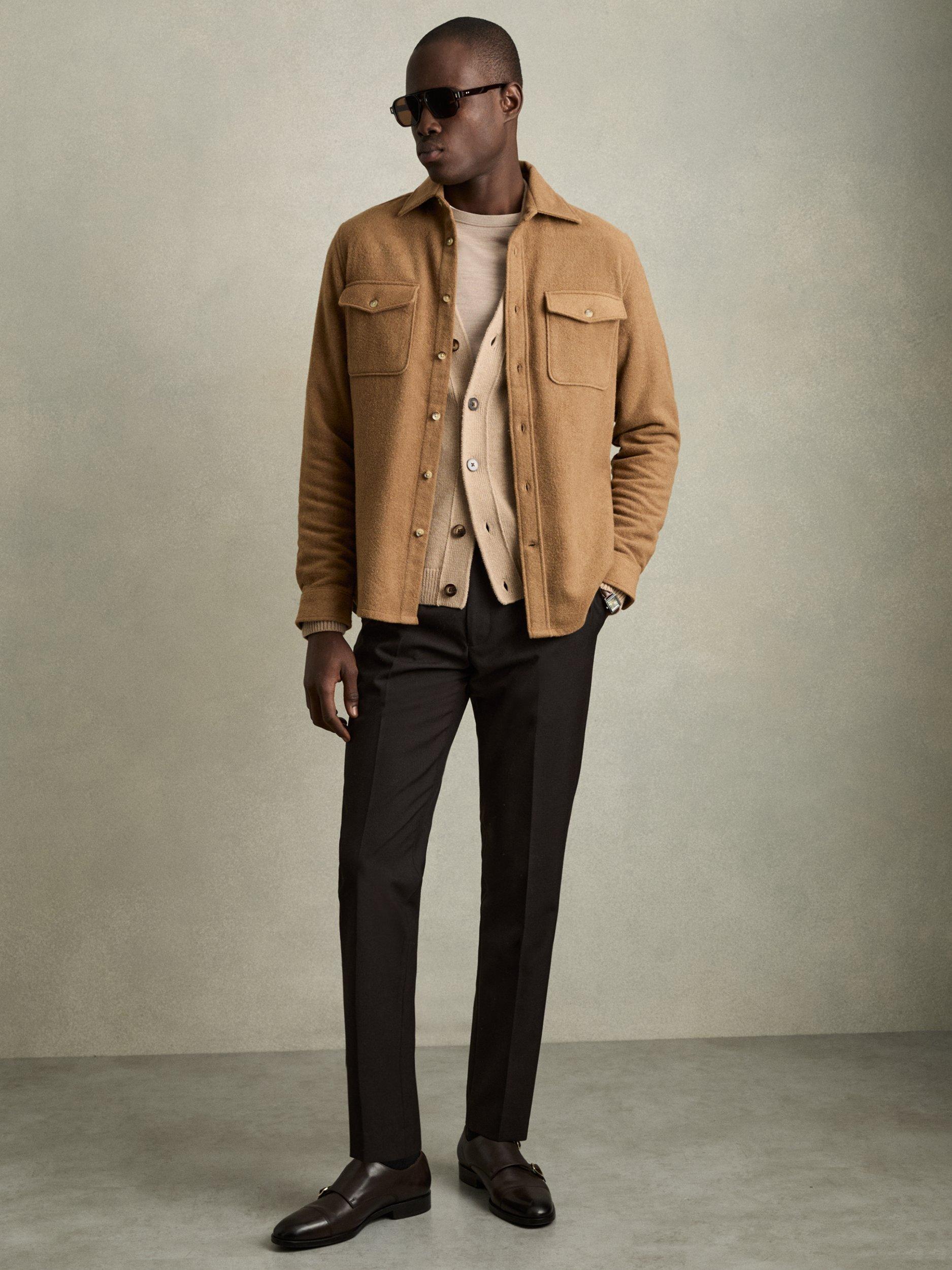 Product image 1 of 4, which shows Reiss Demari Wool Blend Regular Fit Shirt, Camel, S