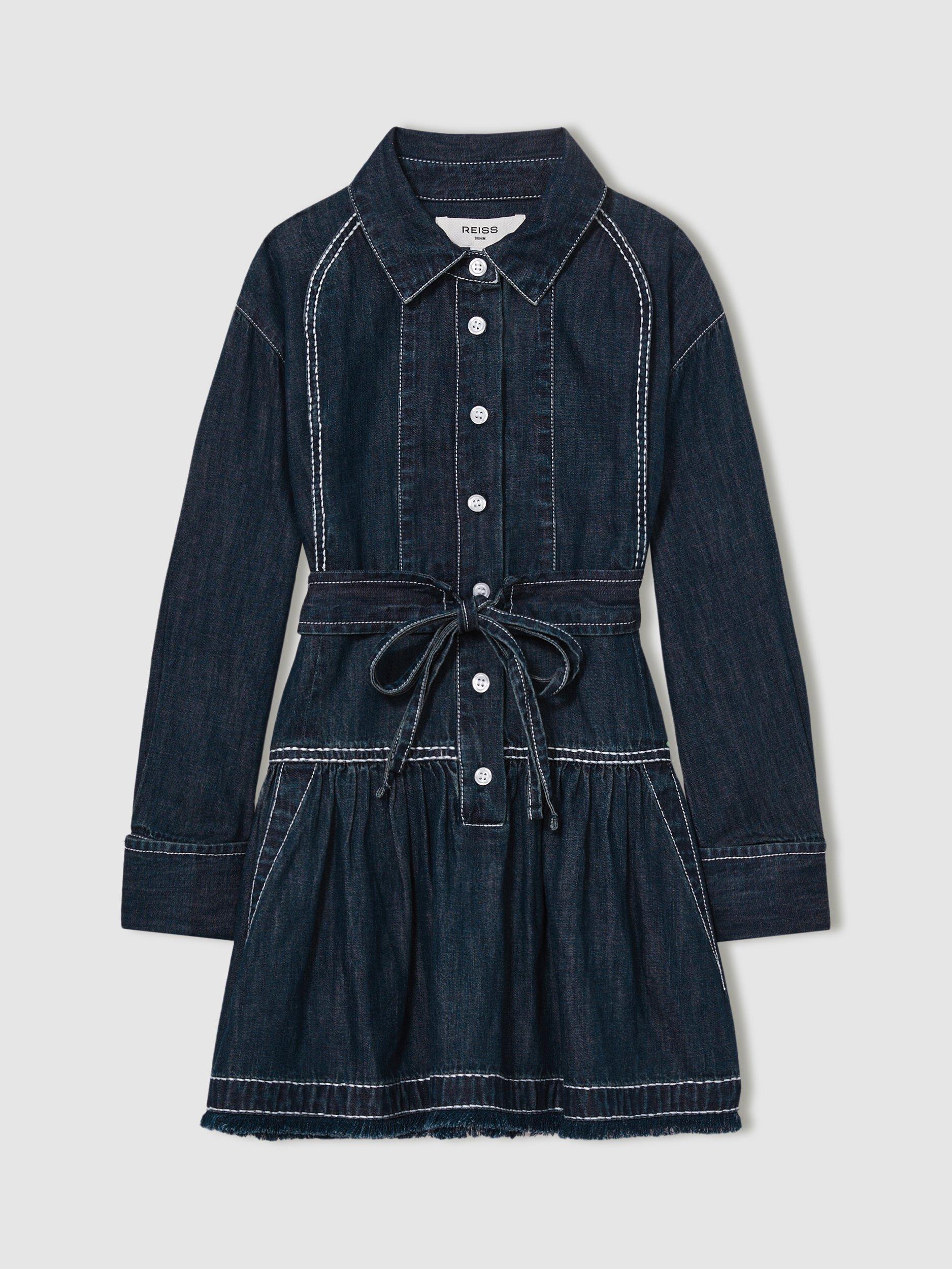 Reiss Kids' Leighton Chambray Contrast Stitch Flippy Dress, Blue