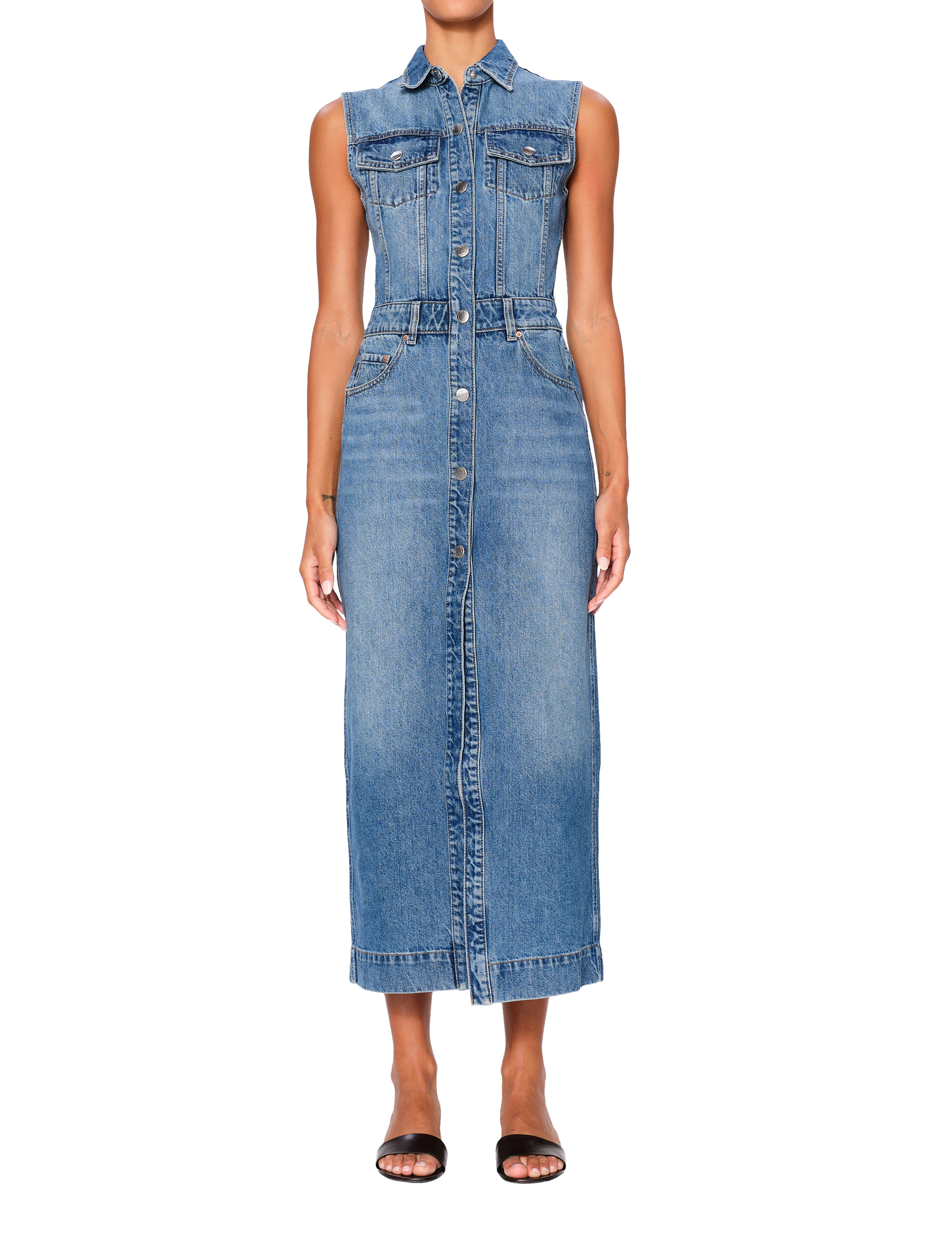 Product image 1 of 2, which shows DL1961 Vika Sleeveless Denim Midi Dress, Blue, XS