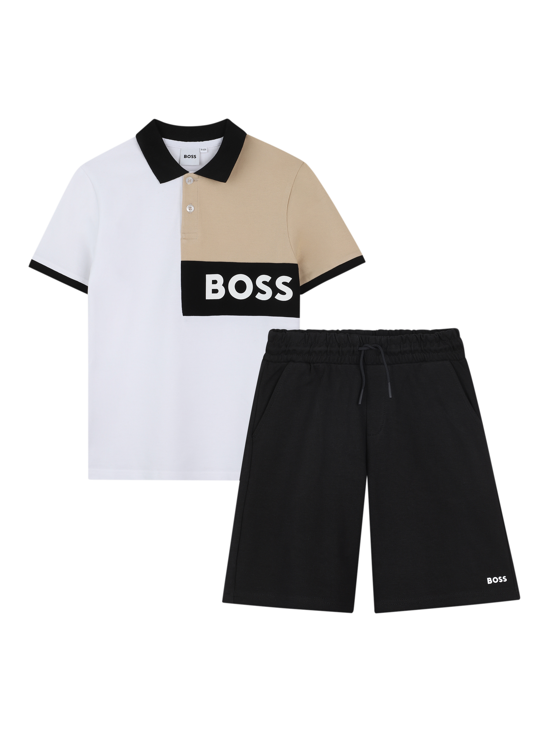 Product image 1 of 2, which shows HUGO BOSS Kids' Logo Polo Shirt & Shorts Set, Black/Multi, 8 years