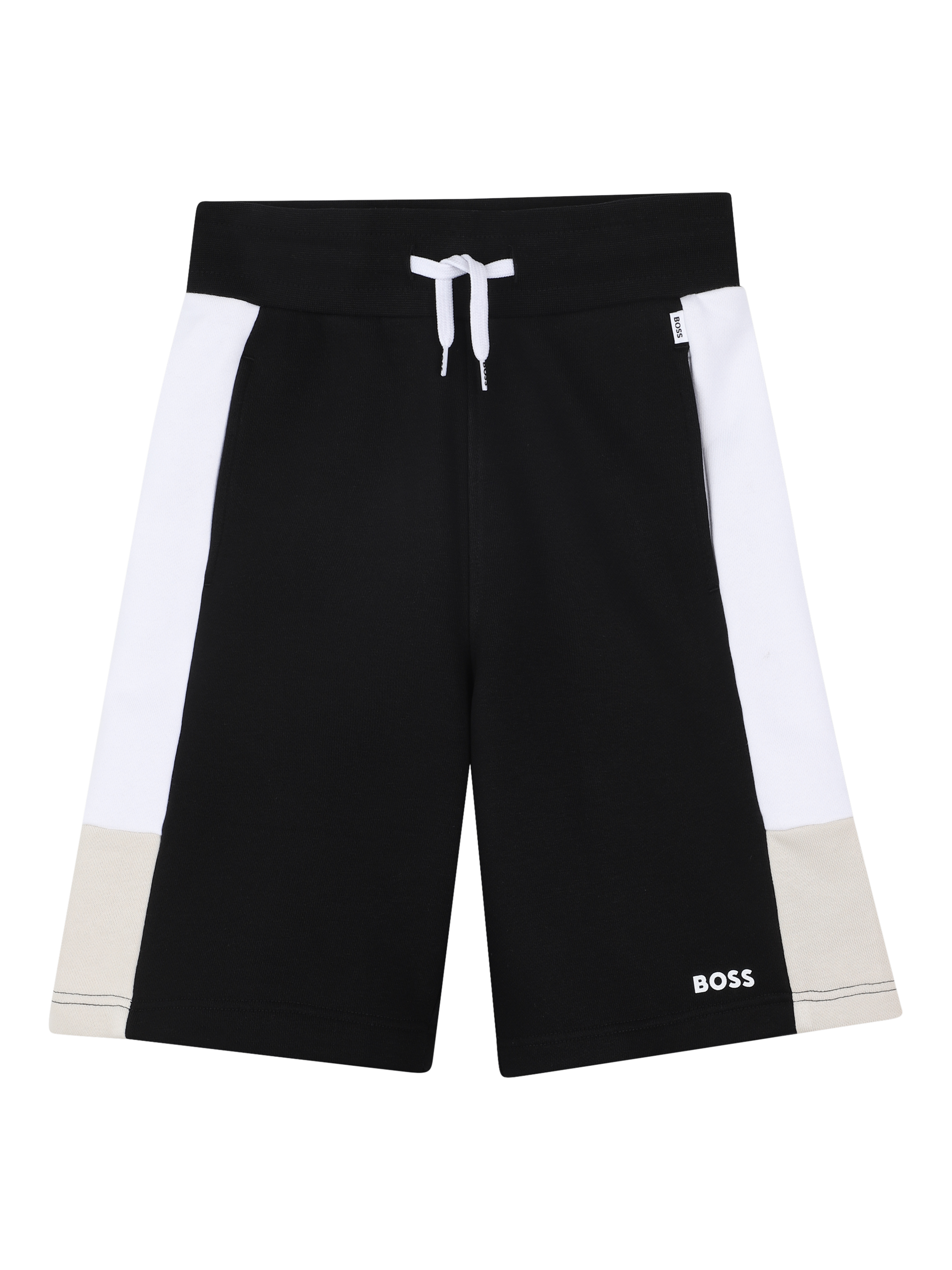 Product image 1 of 2, which shows BOSS Kids' Tri-Colour Fleece Jogger Bermuda Shorts, Black, 4 years