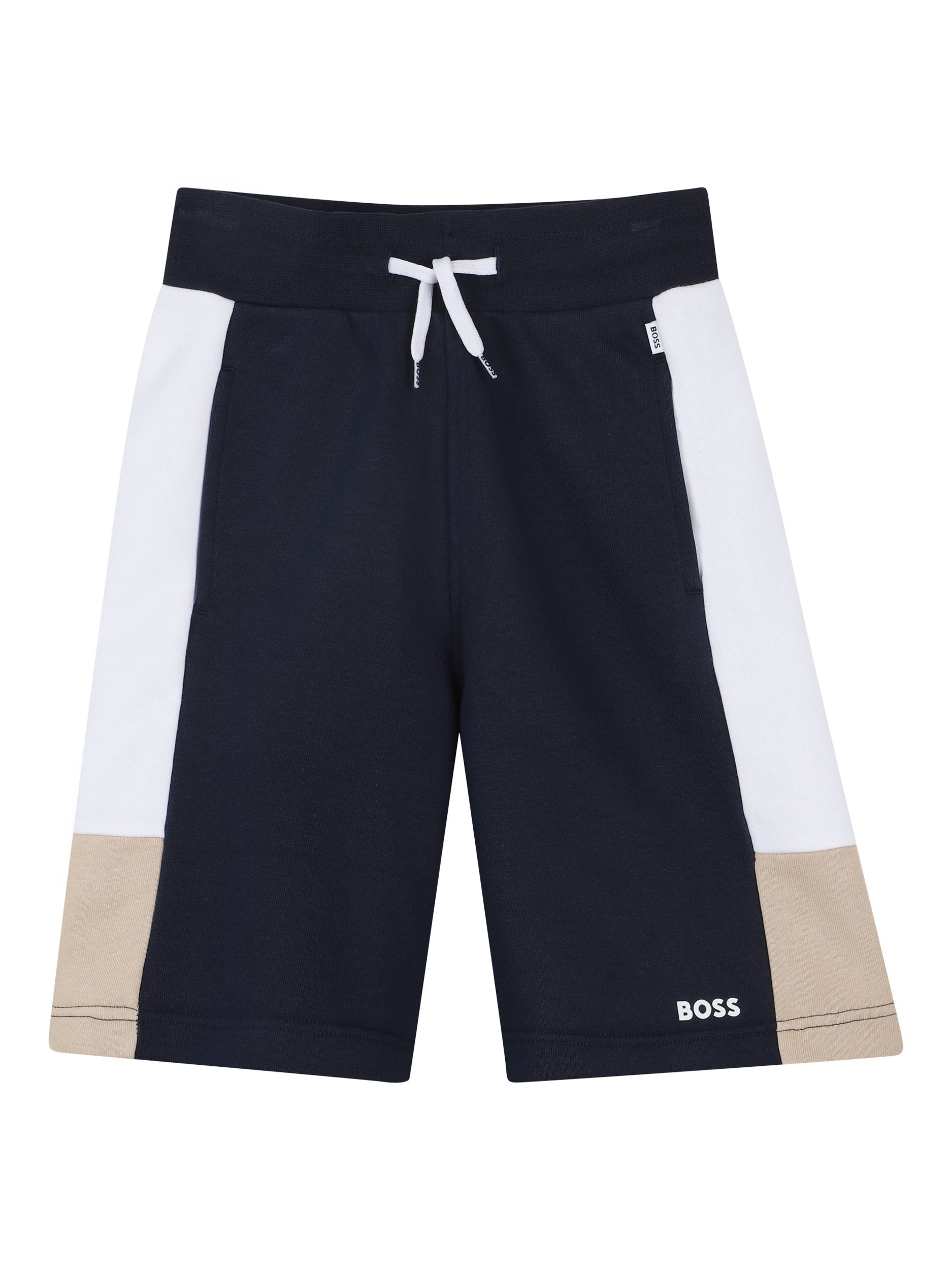 Product image 1 of 2, which shows BOSS Kids' Tri-Colour Jogger Bermuda Shorts, Navy, 4 years