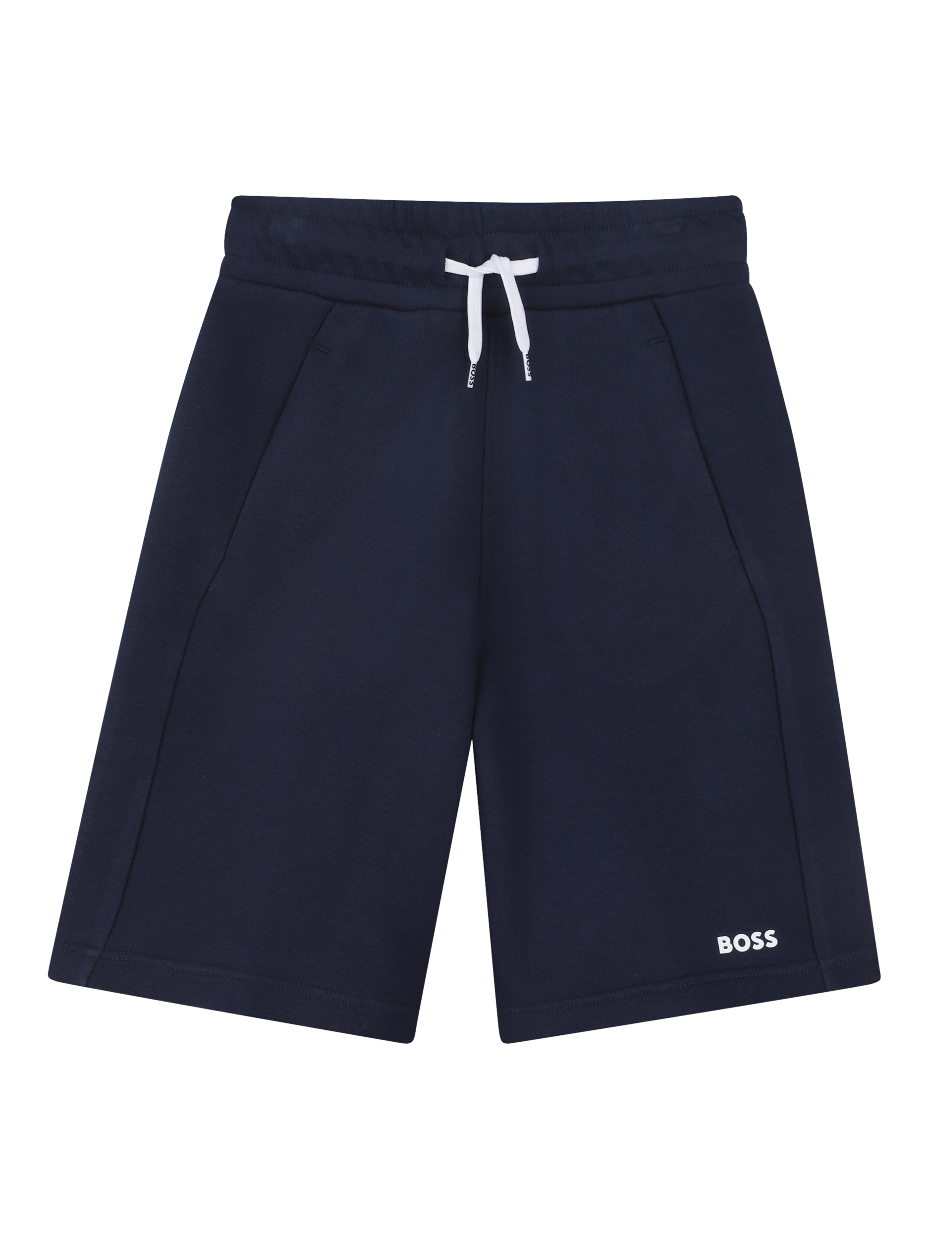 Product image 1 of 2, which shows BOSS Kids' Cotton Fleece Jogger Shorts, Navy, 4 years