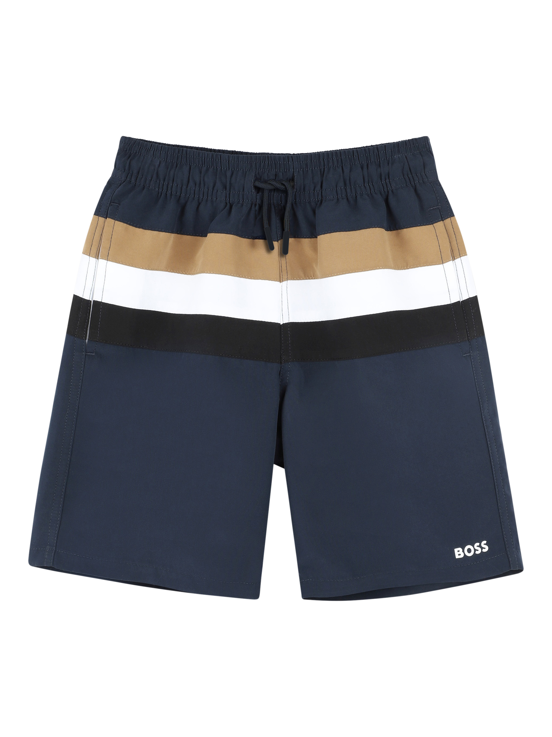 Product image 1 of 2, which shows HUGO BOSS Kids' Stripe Swim Shorts, Navy, 4 years