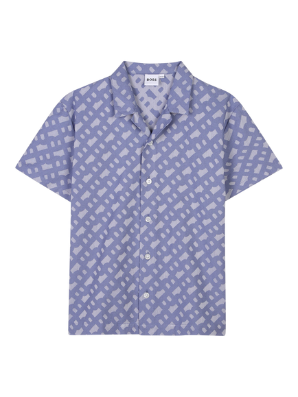 BOSS Kids' Jacquard Monogram Short Sleeve Shirt, Blue, Blue