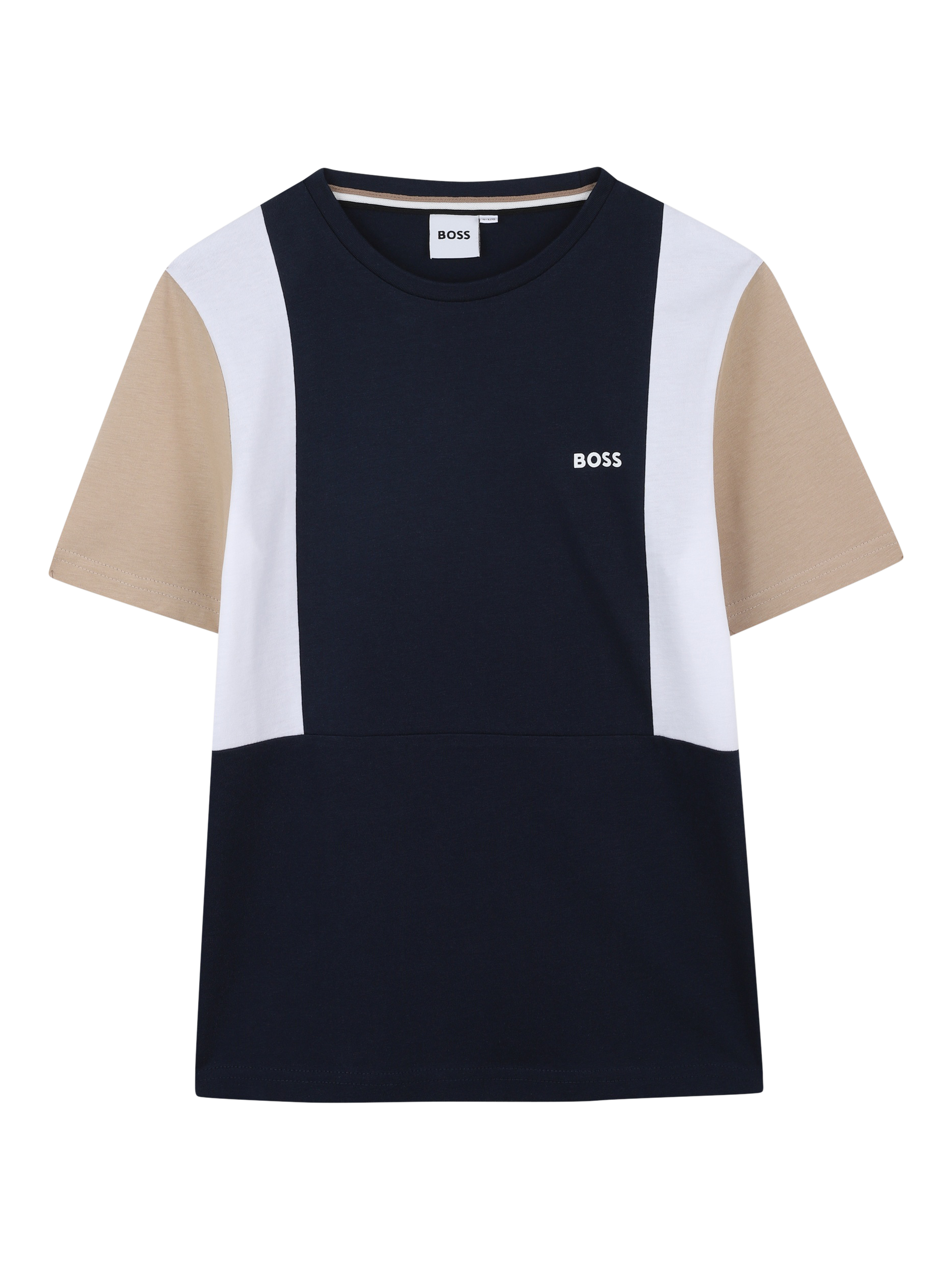 Product image 1 of 2, which shows BOSS Kids' Tri-Colour Logo T-Shirt, Navy/Multi, 4 years