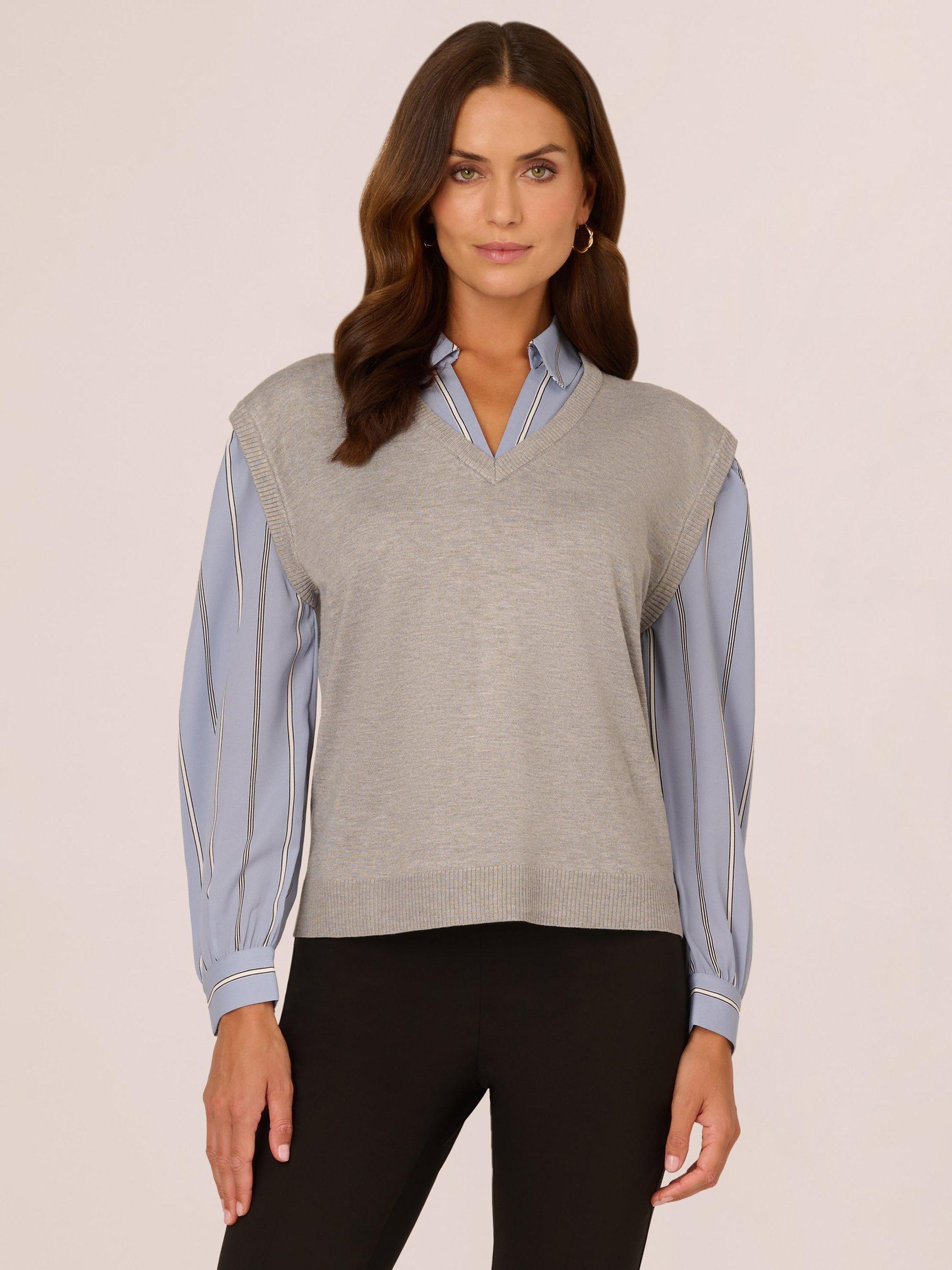Adrianna Papell Sweater Vest Layered Top, Grey/Blue