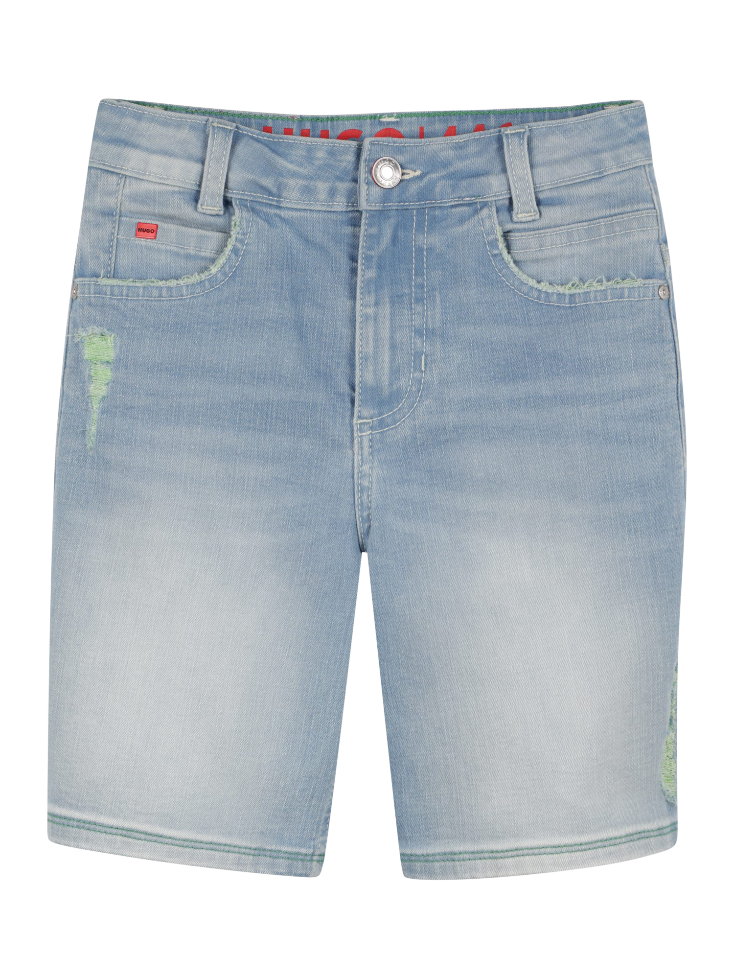 Product image 1 of 2, which shows HUGO Kids' Loose Fit Denim Bermuda Shorts, Bleach Grows, 4 years