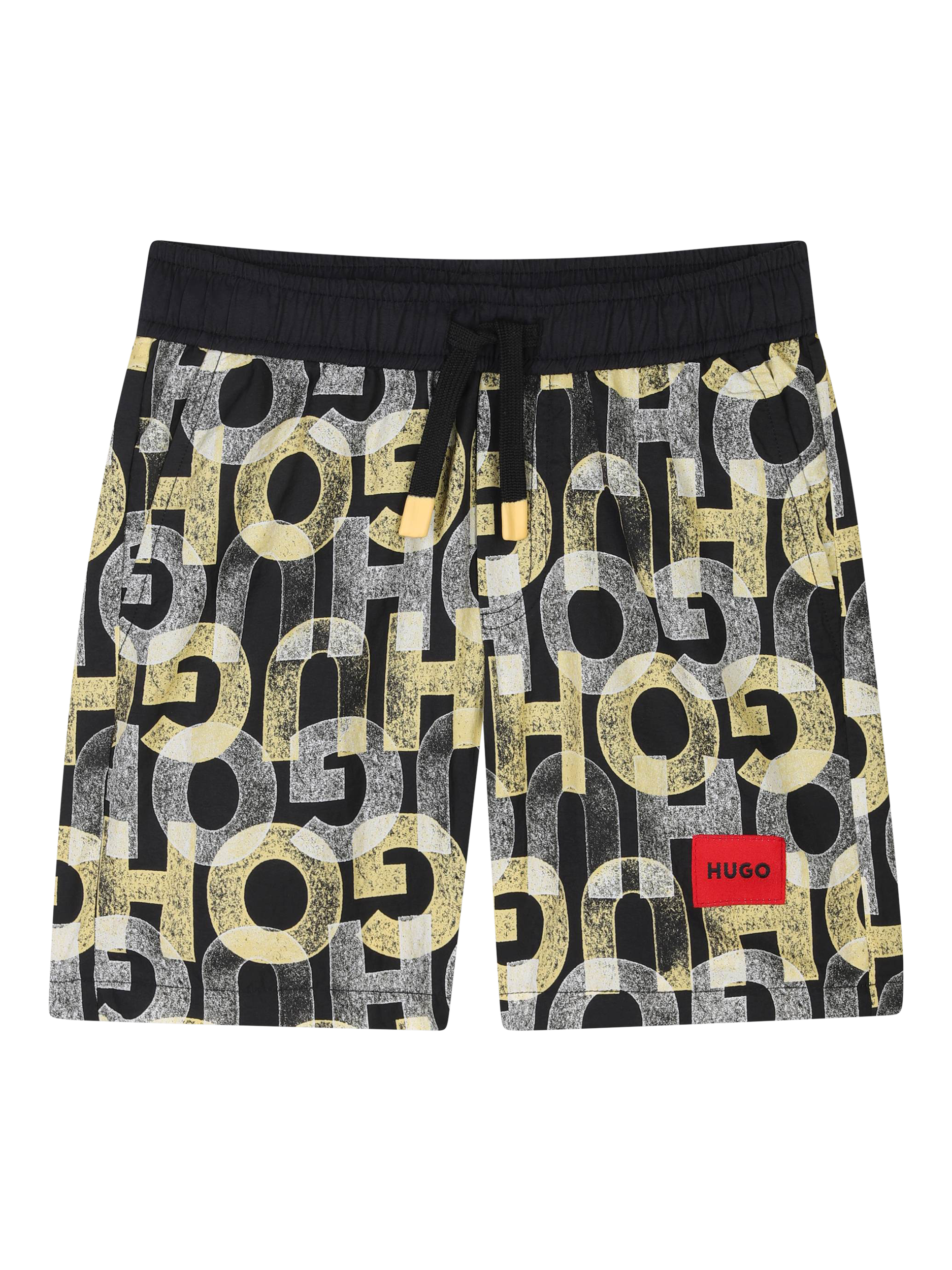 Product image 1 of 2, which shows HUGO BOSS Kids' Logo Print Swim Shorts, Black /Yellow, 4 years