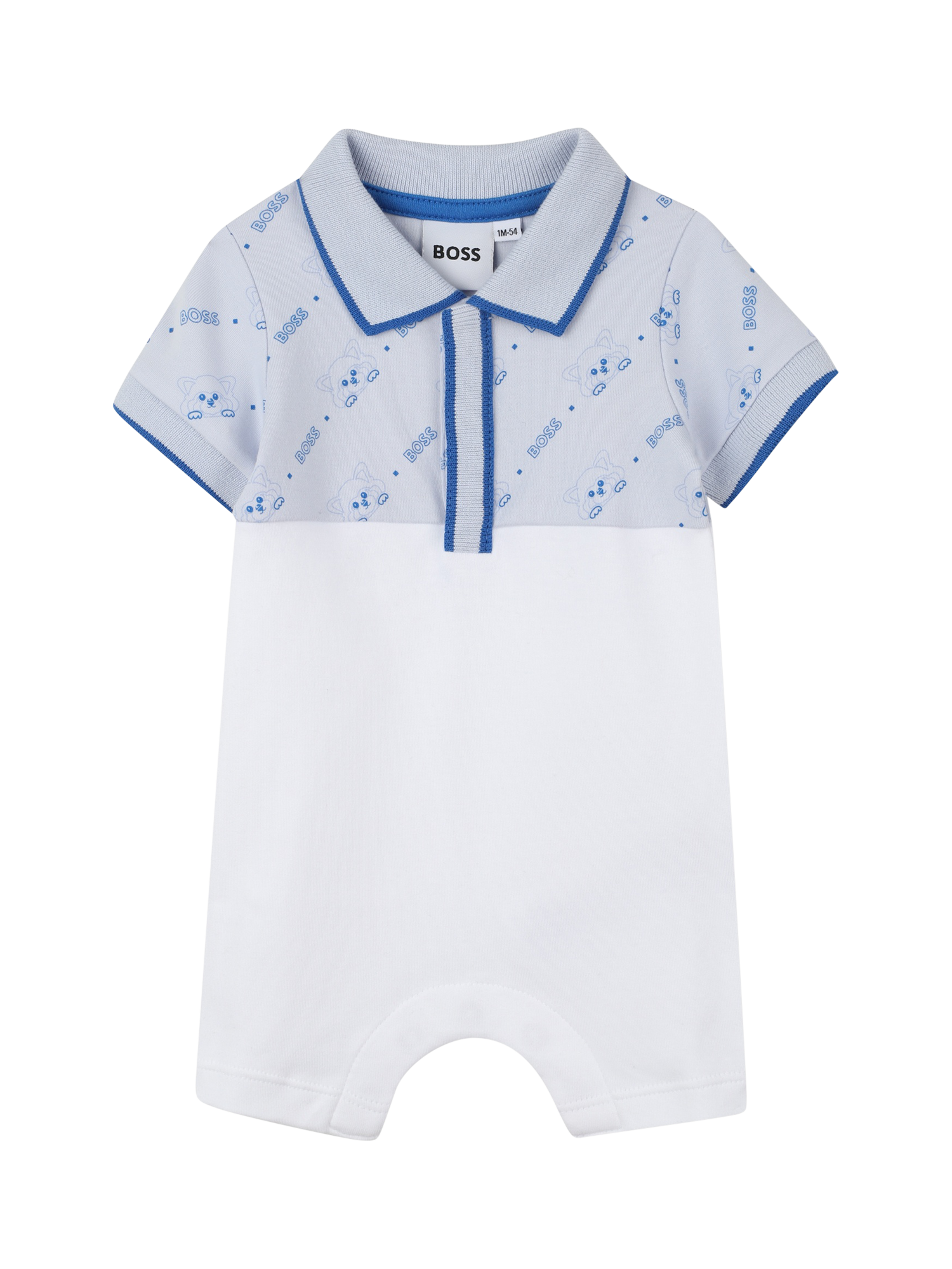 Product image 1 of 2, which shows HUGO BOSS Baby Two Tone Romper, Pale Blue, 12 months