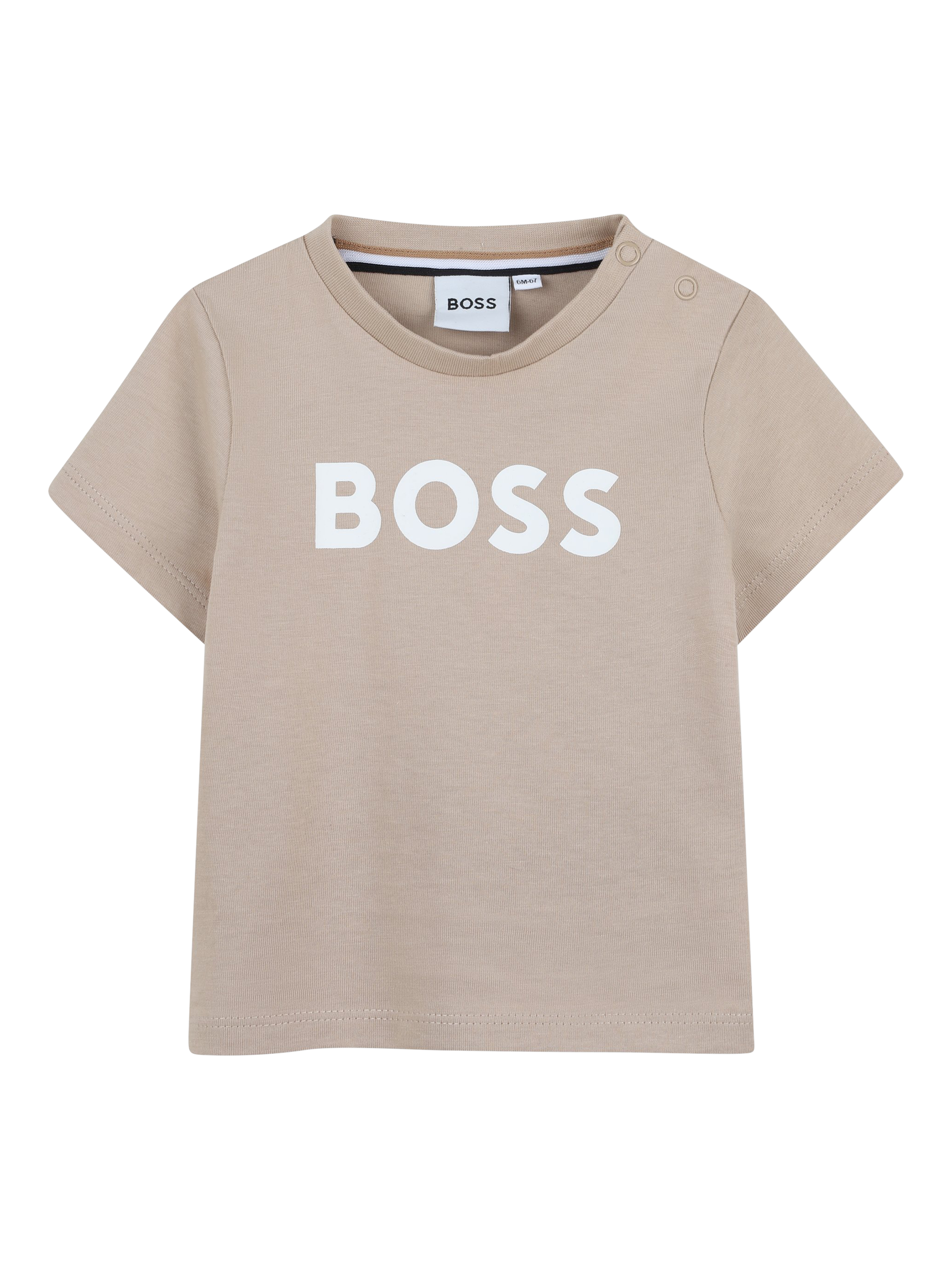 Product image 1 of 2, which shows HUGO BOSS Kids' Cotton Short Sleeved Snap Closure T-Shirt, Stone, 2 years