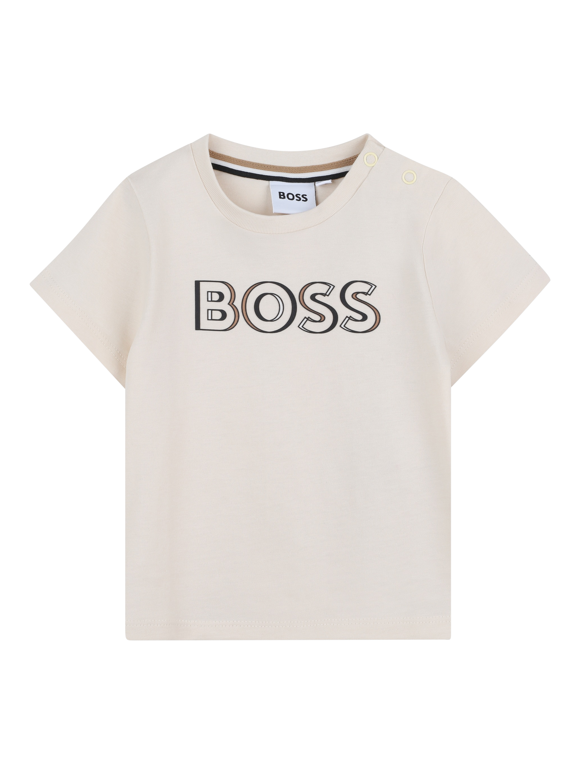 Product image 1 of 2, which shows HUGO BOSS Kids' Cotton Snap Closure Branded T-Shirt, Sand, 2 years