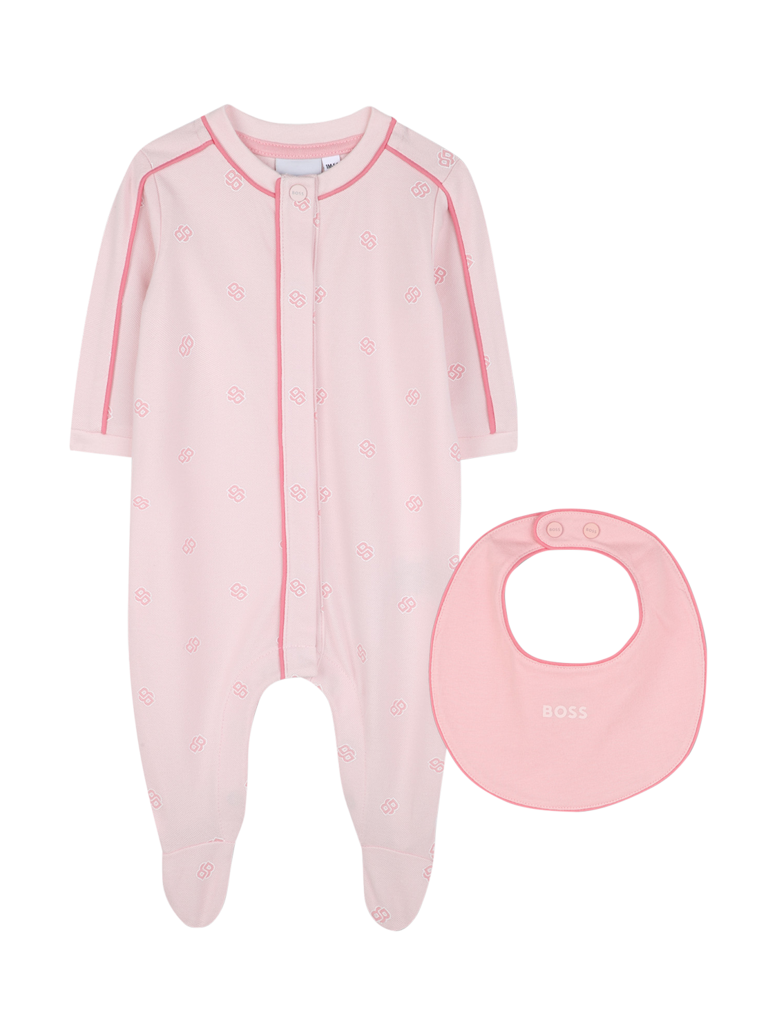 Product image 1 of 2, which shows HUGO BOSS Baby Cotton Pyjama and Bib Set, Pink  Pale, 1 months