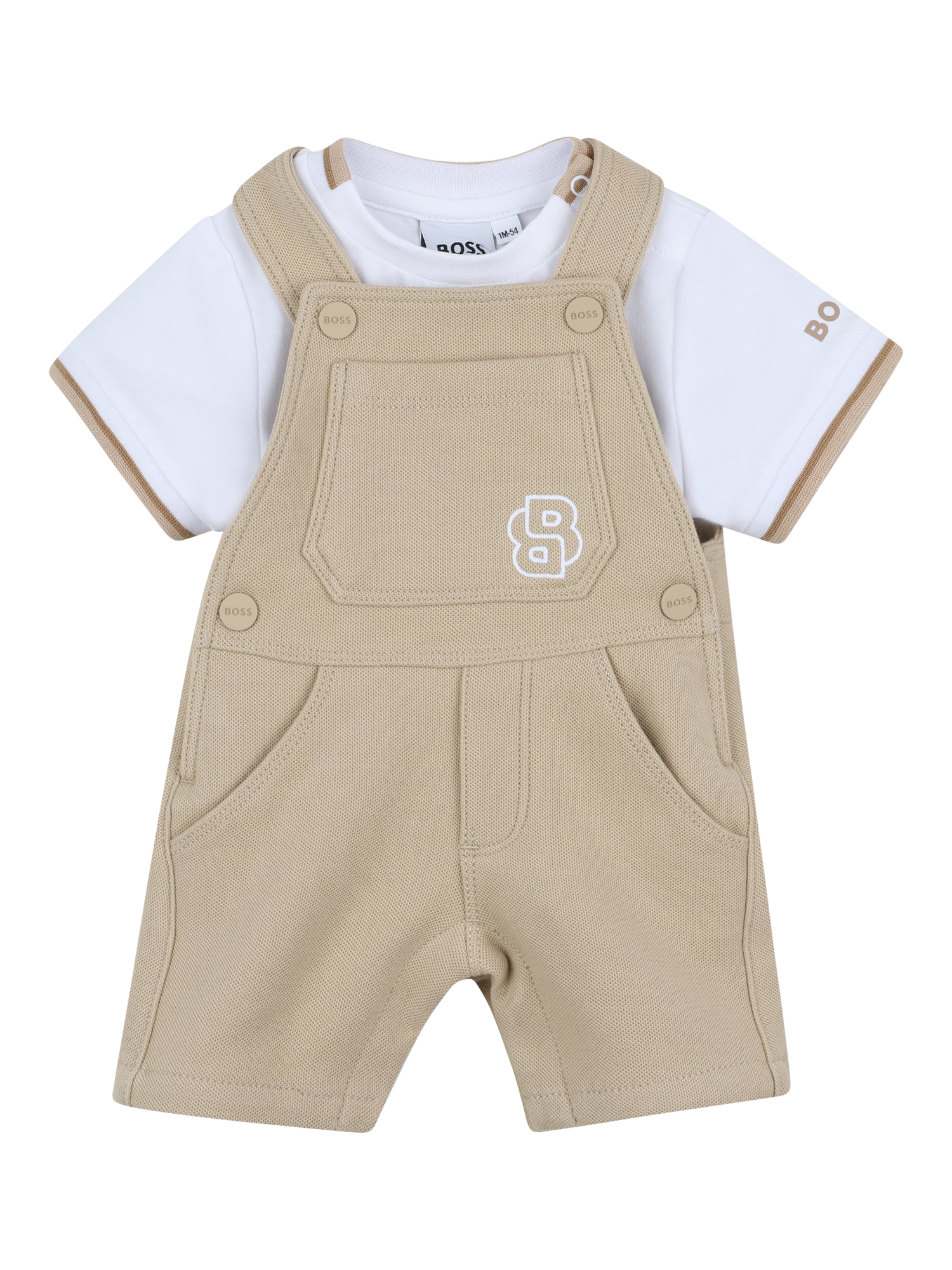 Product image 1 of 2, which shows HUGO BOSS Baby Cotton Short Sleeved T-Shirt and Dungaree Set, Stone, 3 months