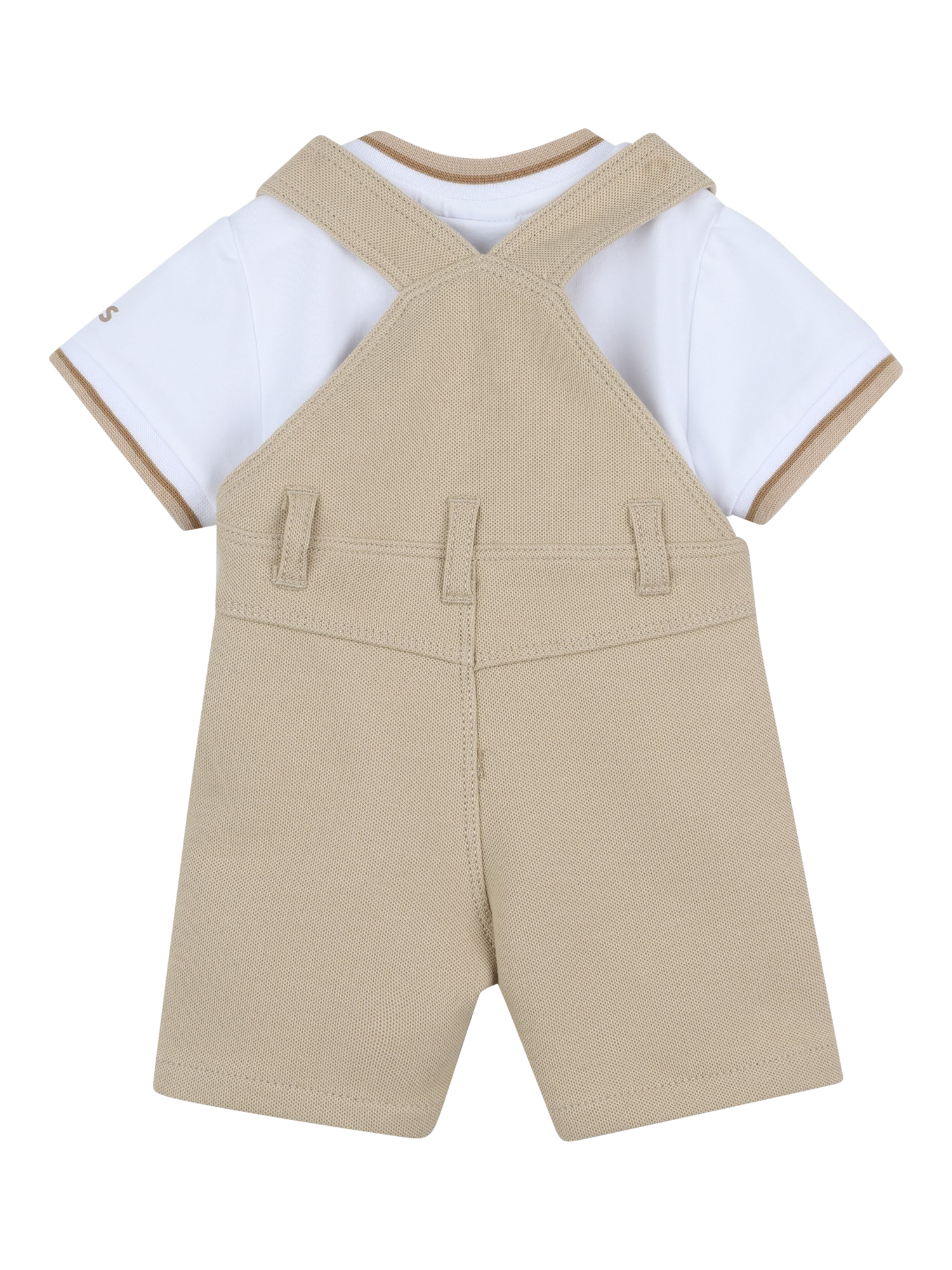 Product image 2 of 2, which shows HUGO BOSS Baby Cotton Short Sleeved T-Shirt and Dungaree Set, Stone, 3 months