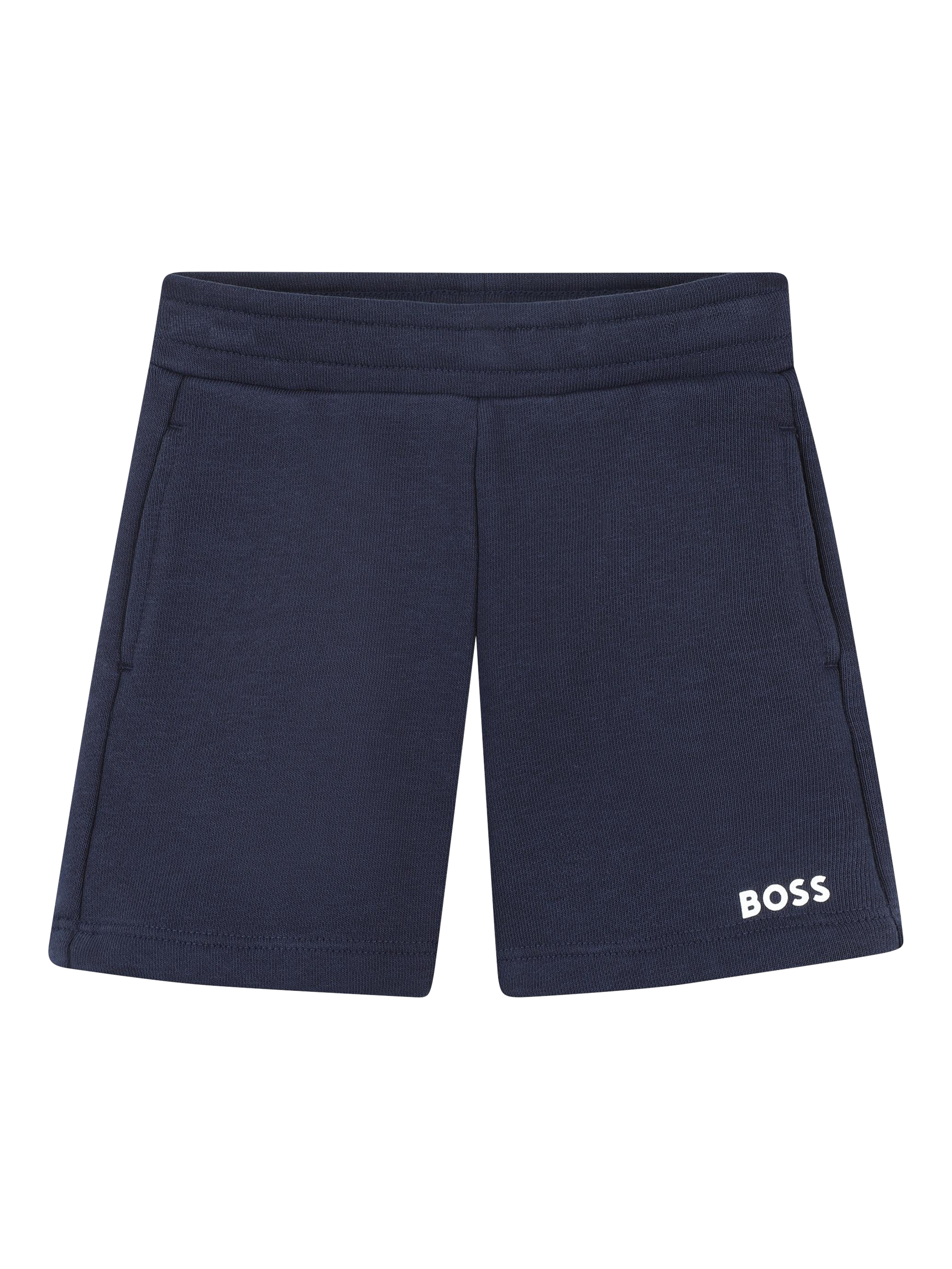 Product image 1 of 2, which shows HUGO BOSS Kids' Cotton Blend Fleece Elasticated Shorts, Navy, 2 years