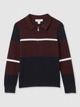 Reiss Kids' Tokyo Colour Block Long Sleeve Half Zip Polo Shirt, Navy/Bordeaux/White