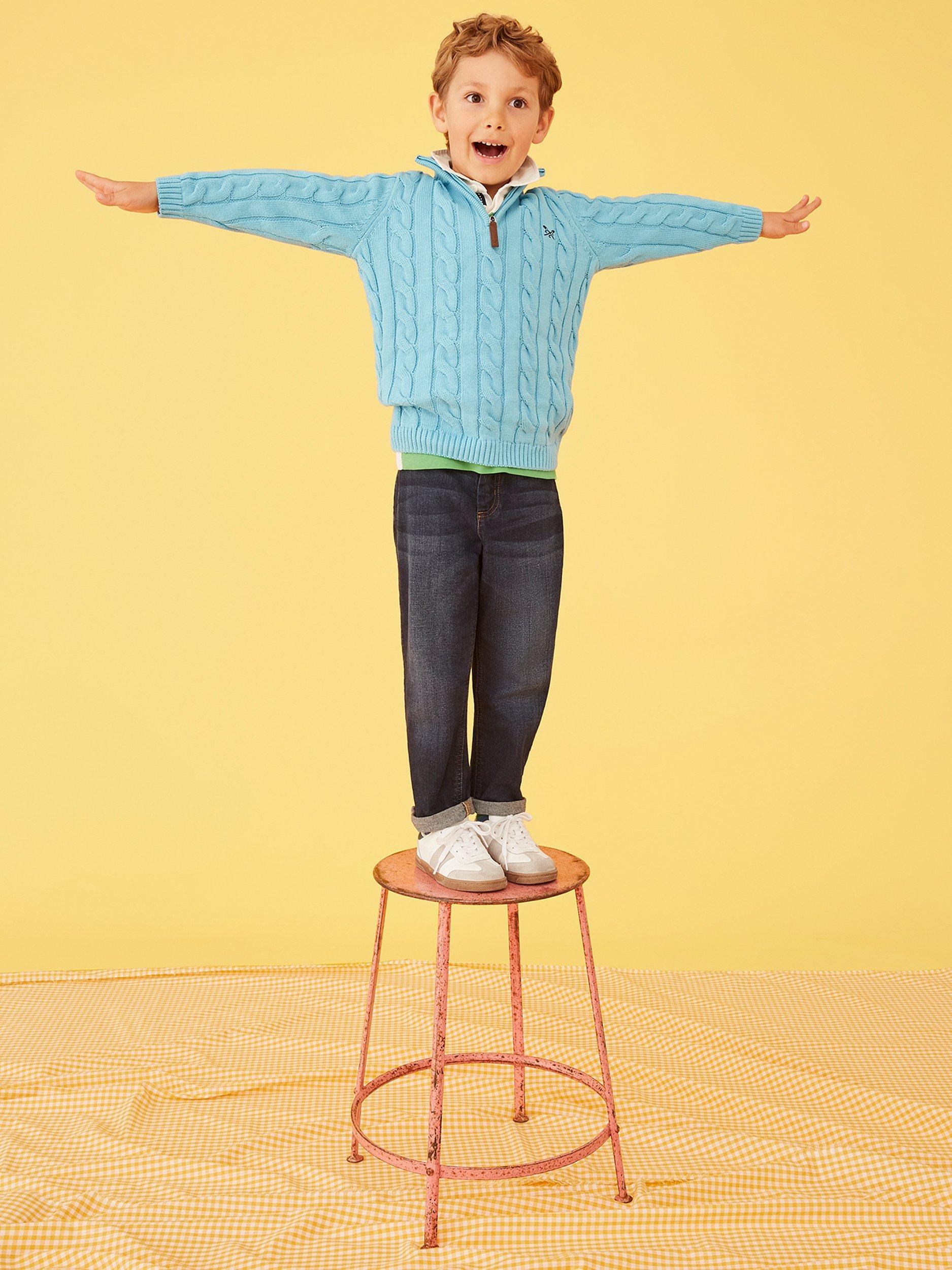 Product image 1 of 3, which shows Crew Clothing Kids' Cable Knit 1/2 Zip Jumper, Aqua Blue, 8-9 years