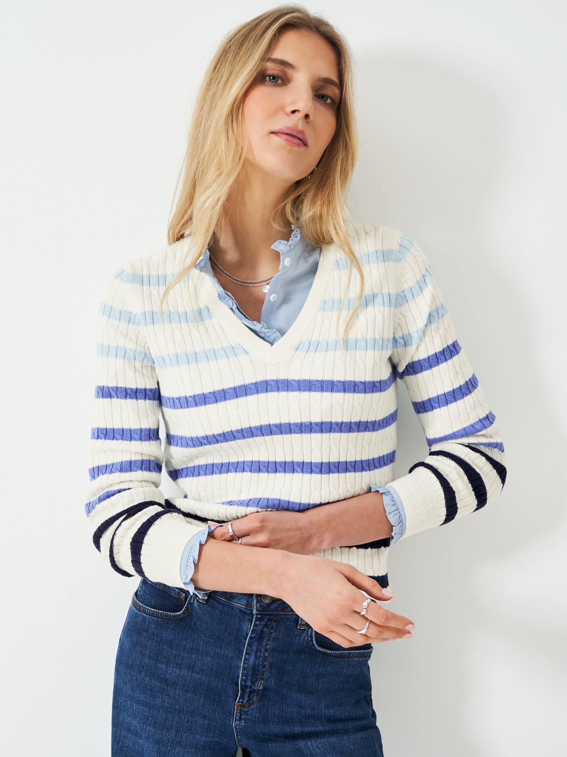 Product image 1 of 5, which shows Crew Clothing Heritage Stripe Cable Knit Jumper, Navy Blue, 8