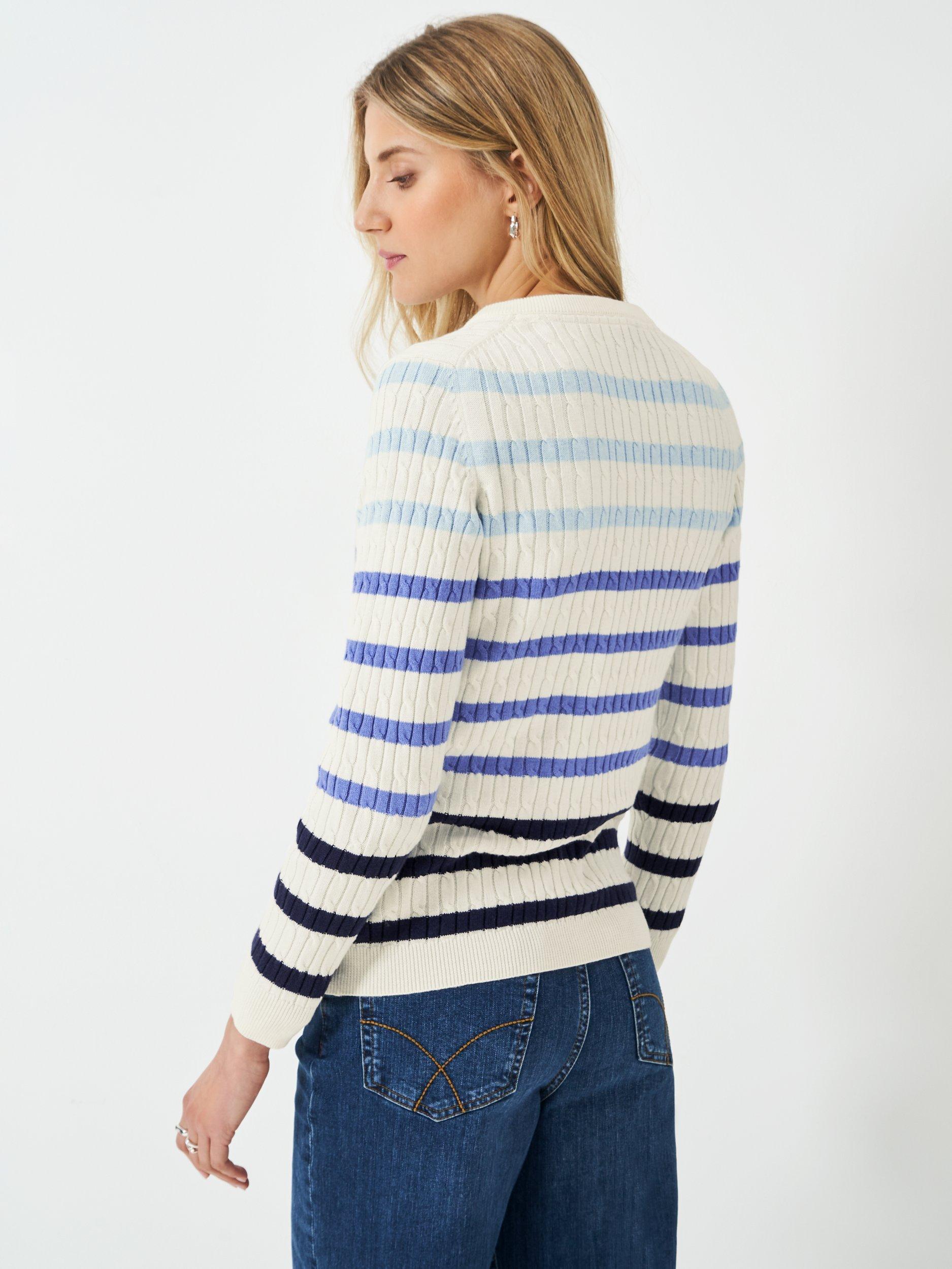 Product image 2 of 5, which shows Crew Clothing Heritage Stripe Cable Knit Jumper, Navy Blue, 8