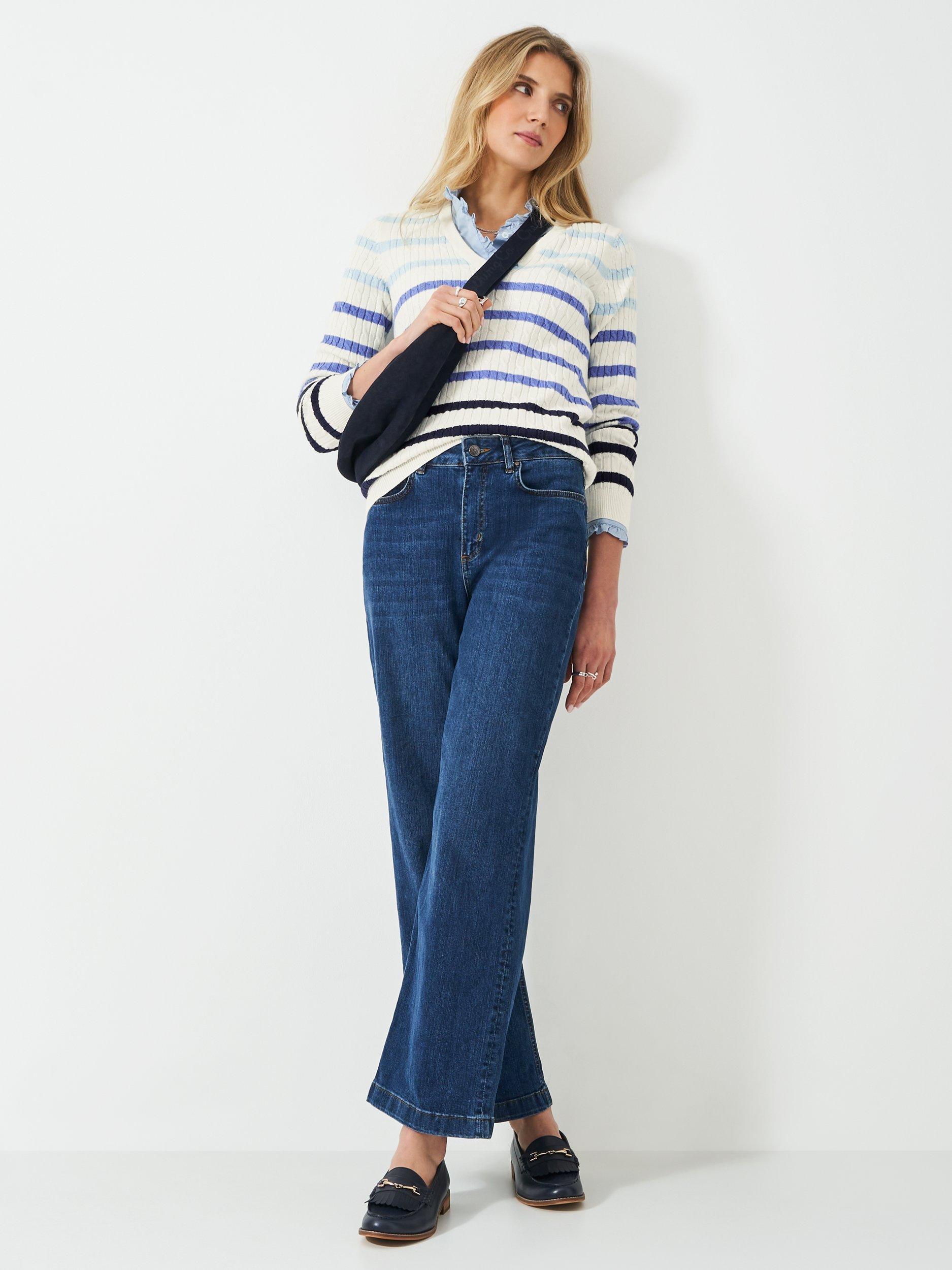 Product image 3 of 5, which shows Crew Clothing Heritage Stripe Cable Knit Jumper, Navy Blue, 8