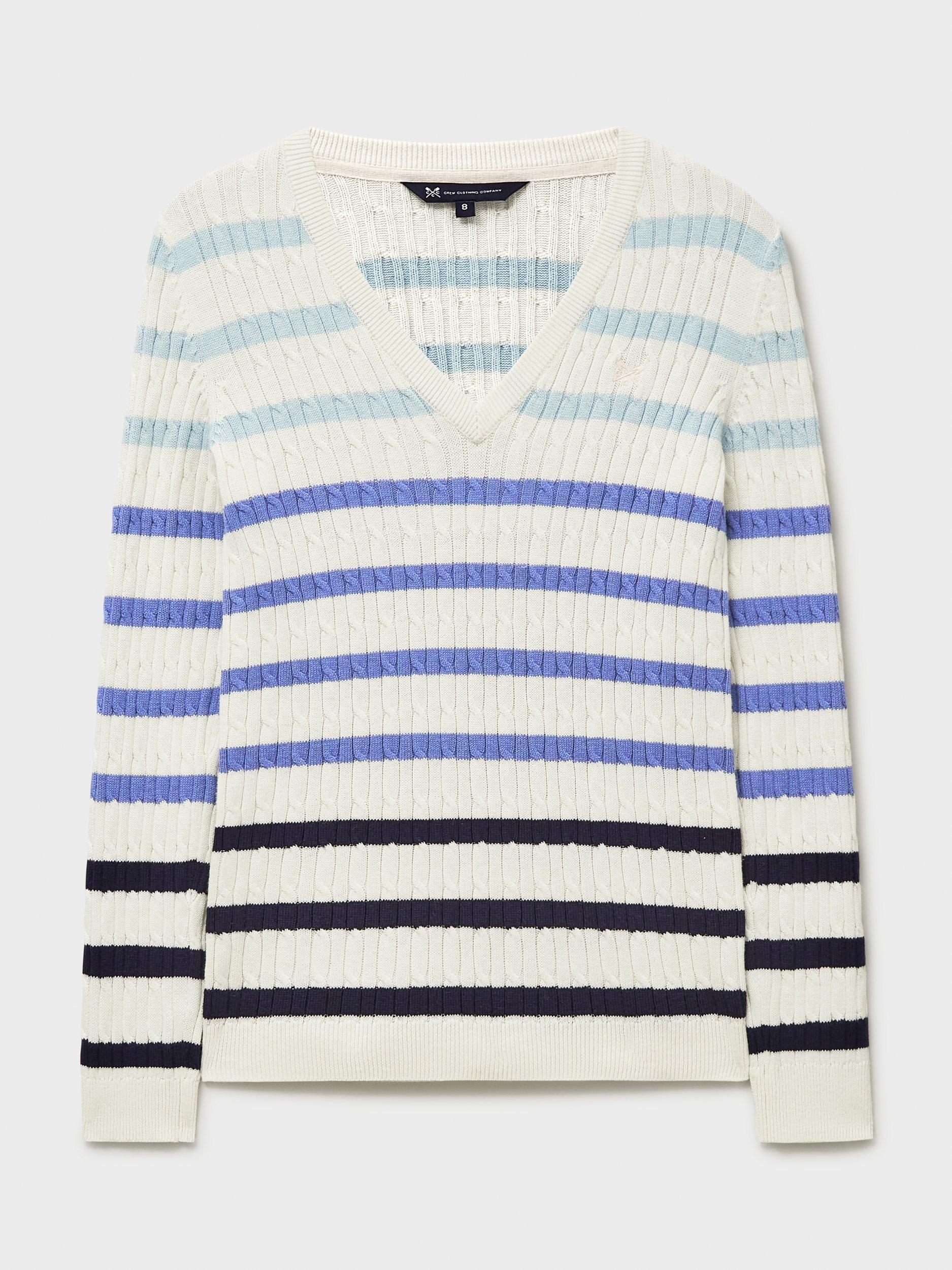Product image 5 of 5, which shows Crew Clothing Heritage Stripe Cable Knit Jumper, Navy Blue, 8