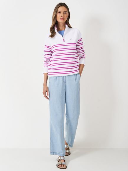 Crew Clothing Half Zip Striped Cotton Blend Sweatshirt, Pink/Multi