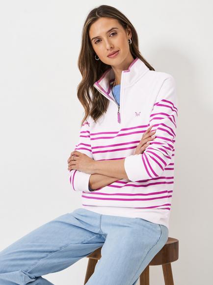 Crew Clothing Half Zip Striped Cotton Blend Sweatshirt - view 2, Pink/Multi