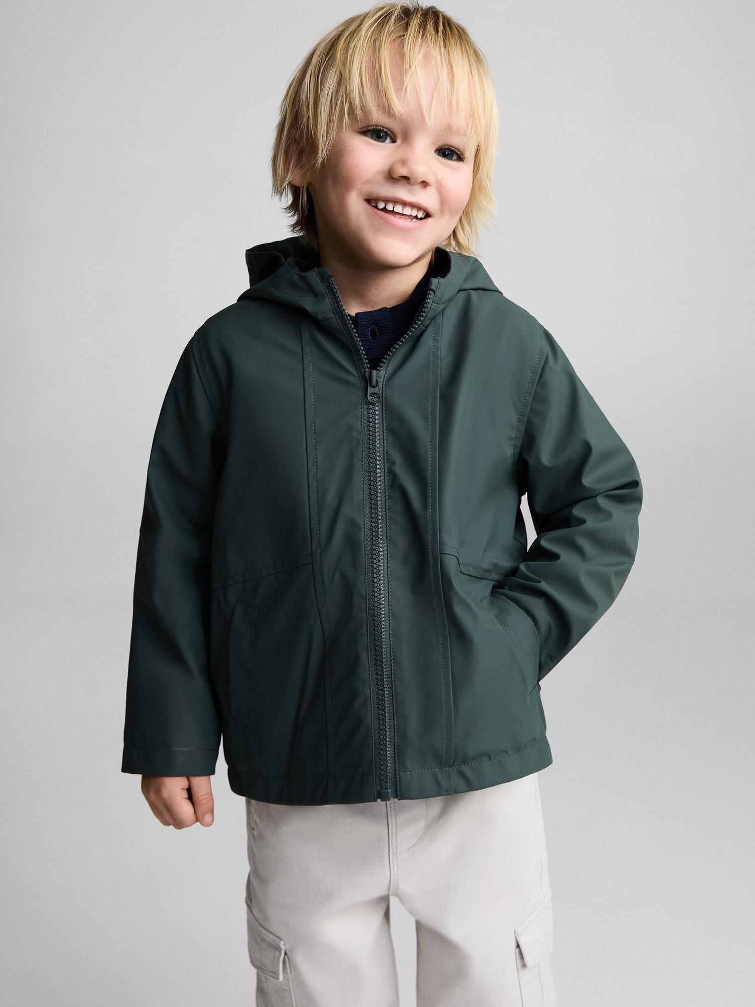 Product image 1 of 7, which shows Mango Kids' Pumba Hooded Water-Repellant Coat, Dark Green, 12-18 months