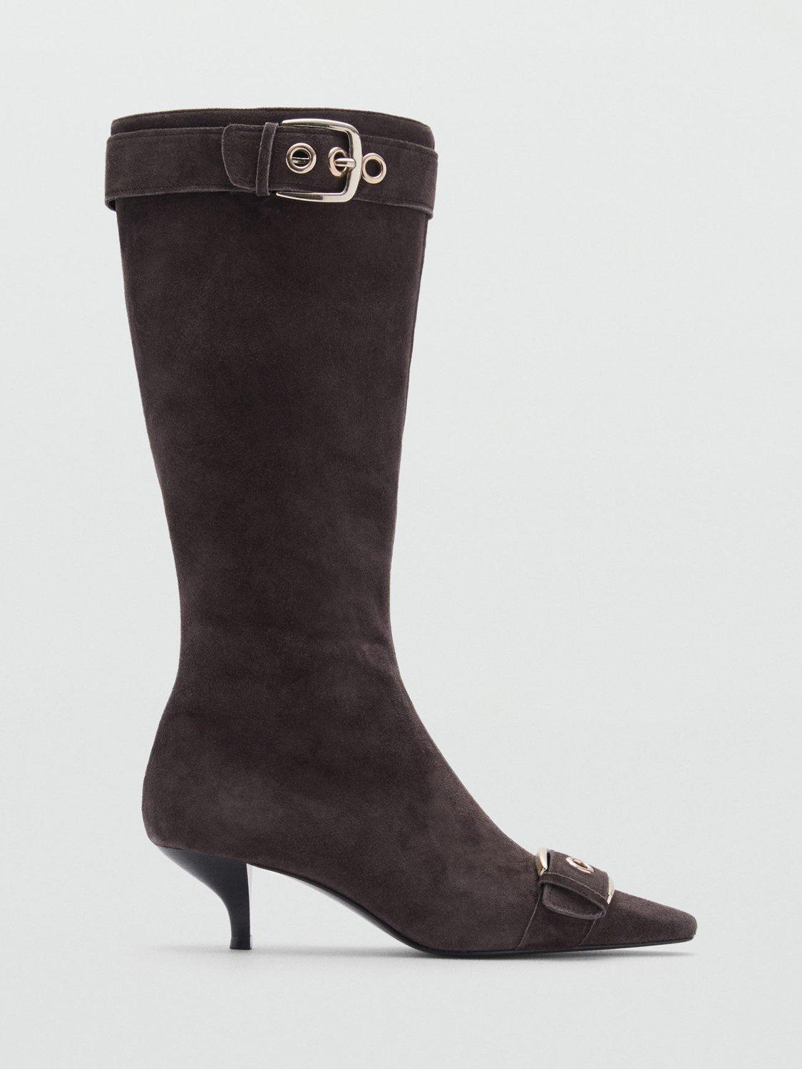 Mango Cinto Buckle Suede Boots, Brown