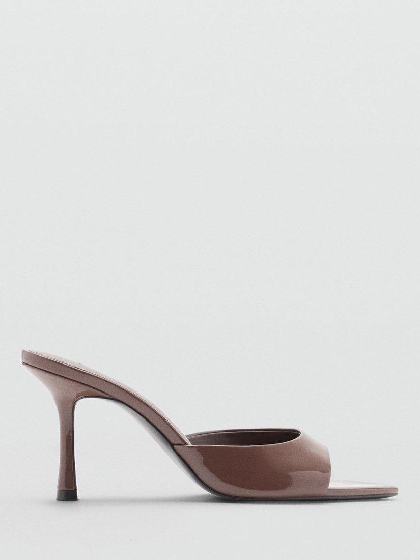 Product image 1 of 5, which shows Mango Patent Leather Effect Stiletto Heel Sandals, Dark Brown, 2